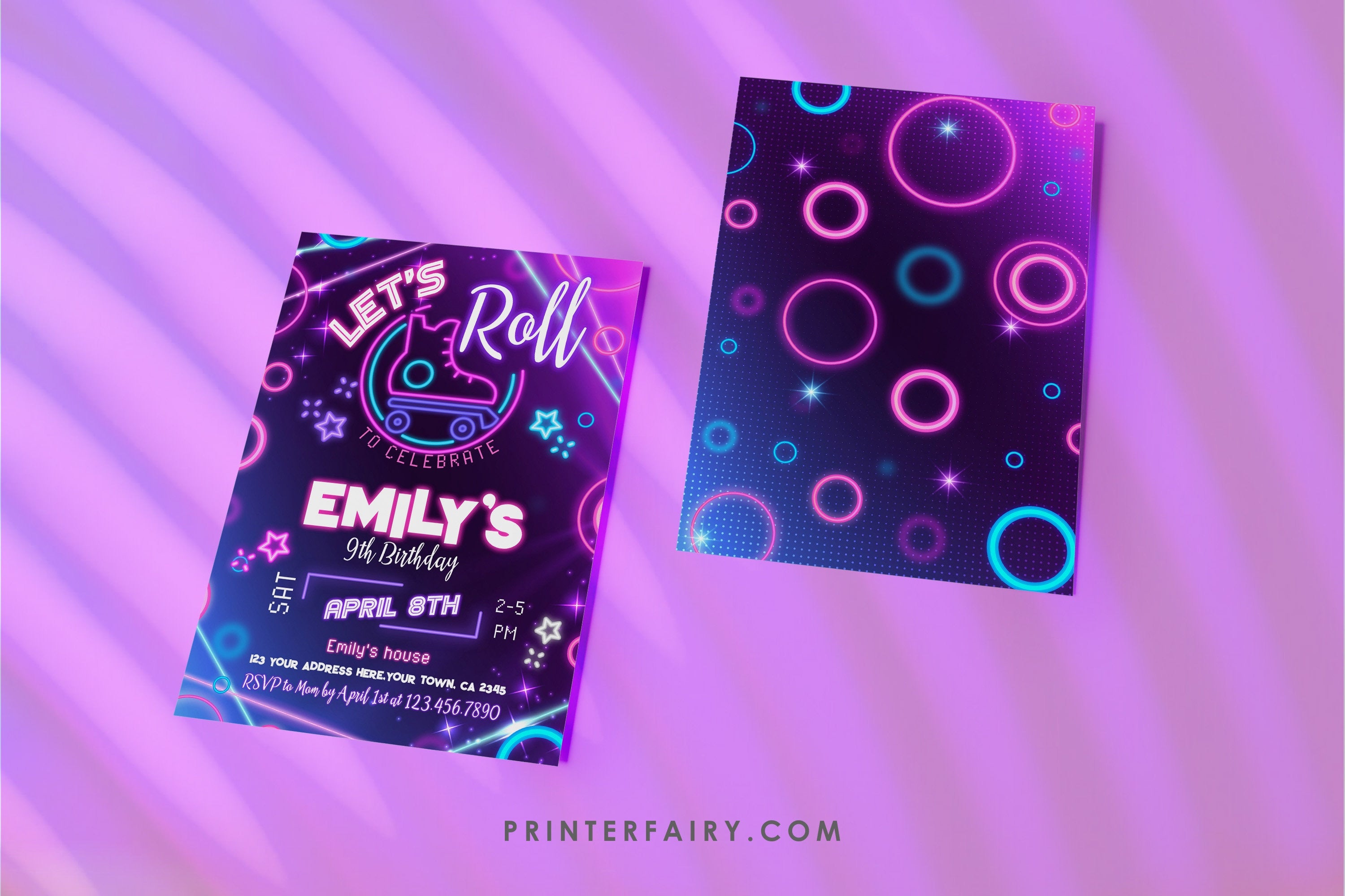 Editable Neon Roller Skate Birthday Invitation (Digital Download)