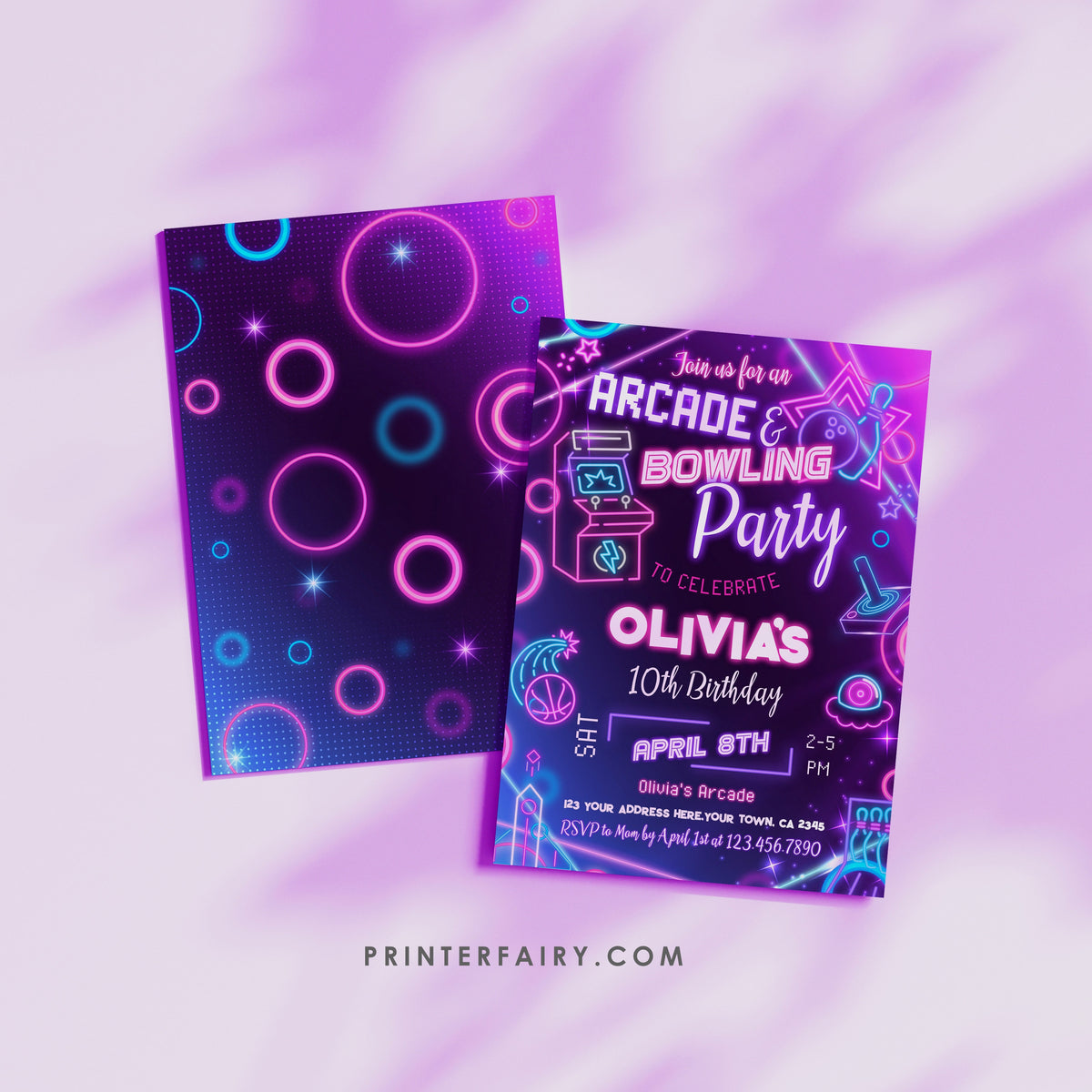 Neon Arcade Bowling Birthday Invitation: Editable Party Invite (Digital)