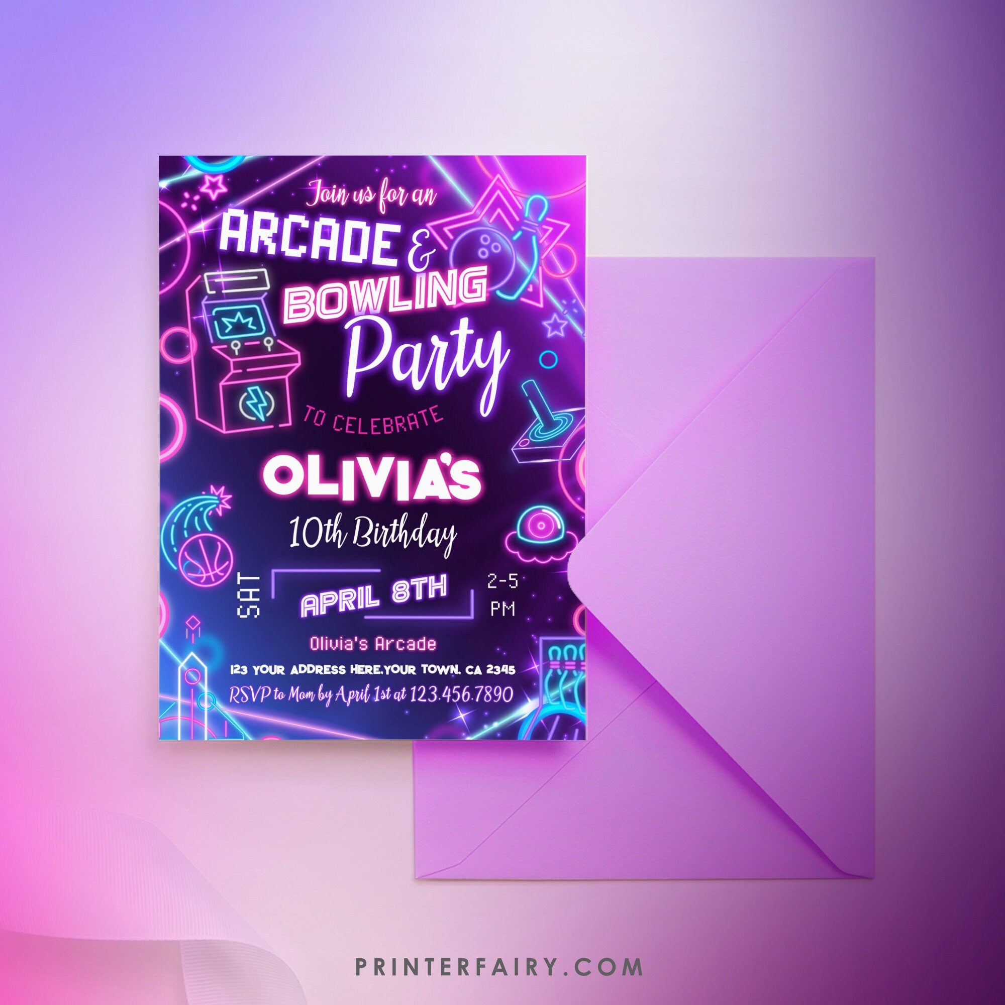 Neon Arcade Bowling Birthday Invitation: Editable Party Invite (Digital)