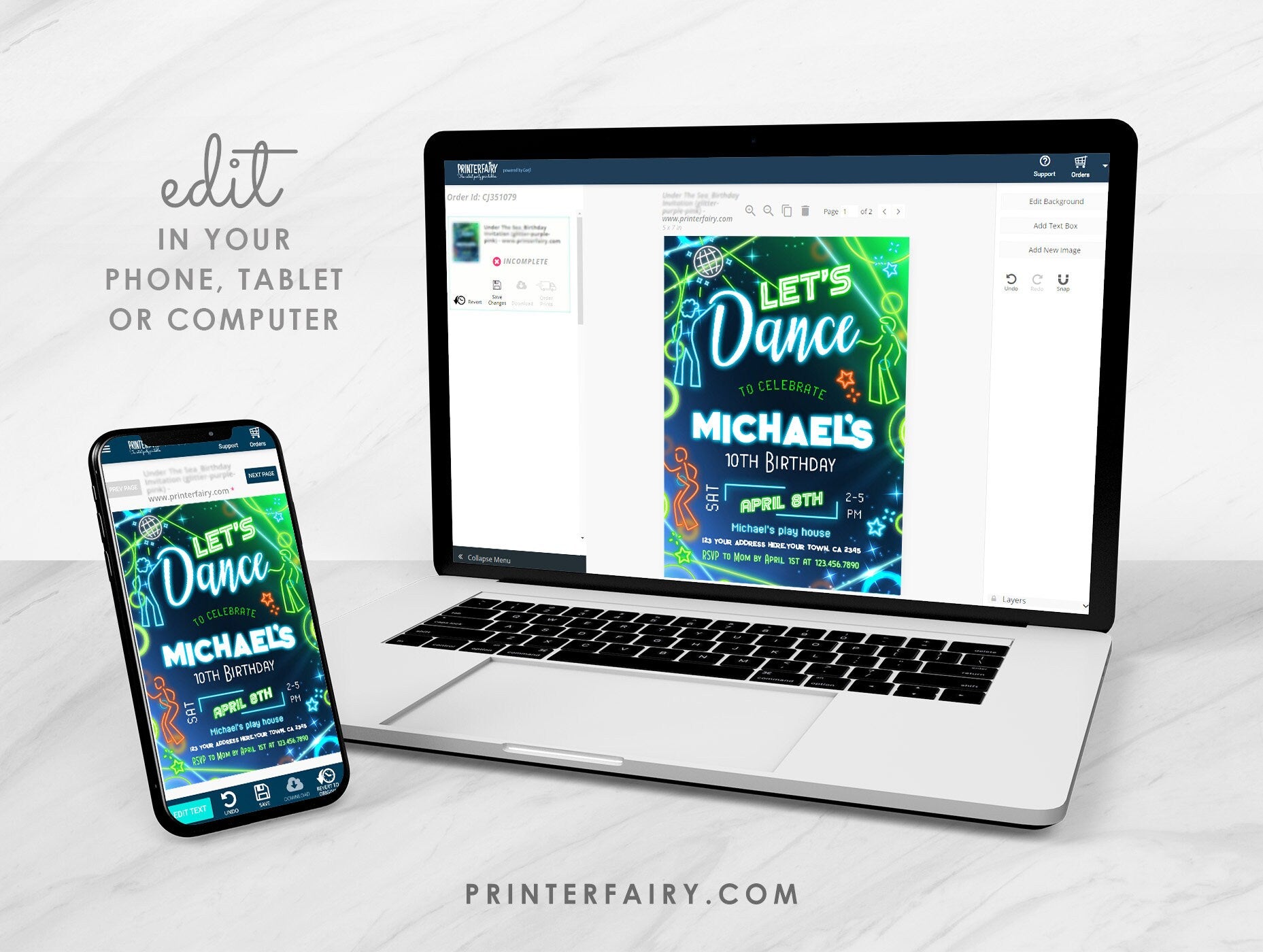 Neon Dance Party Invitation: Retro Music, Editable (Digital Download)