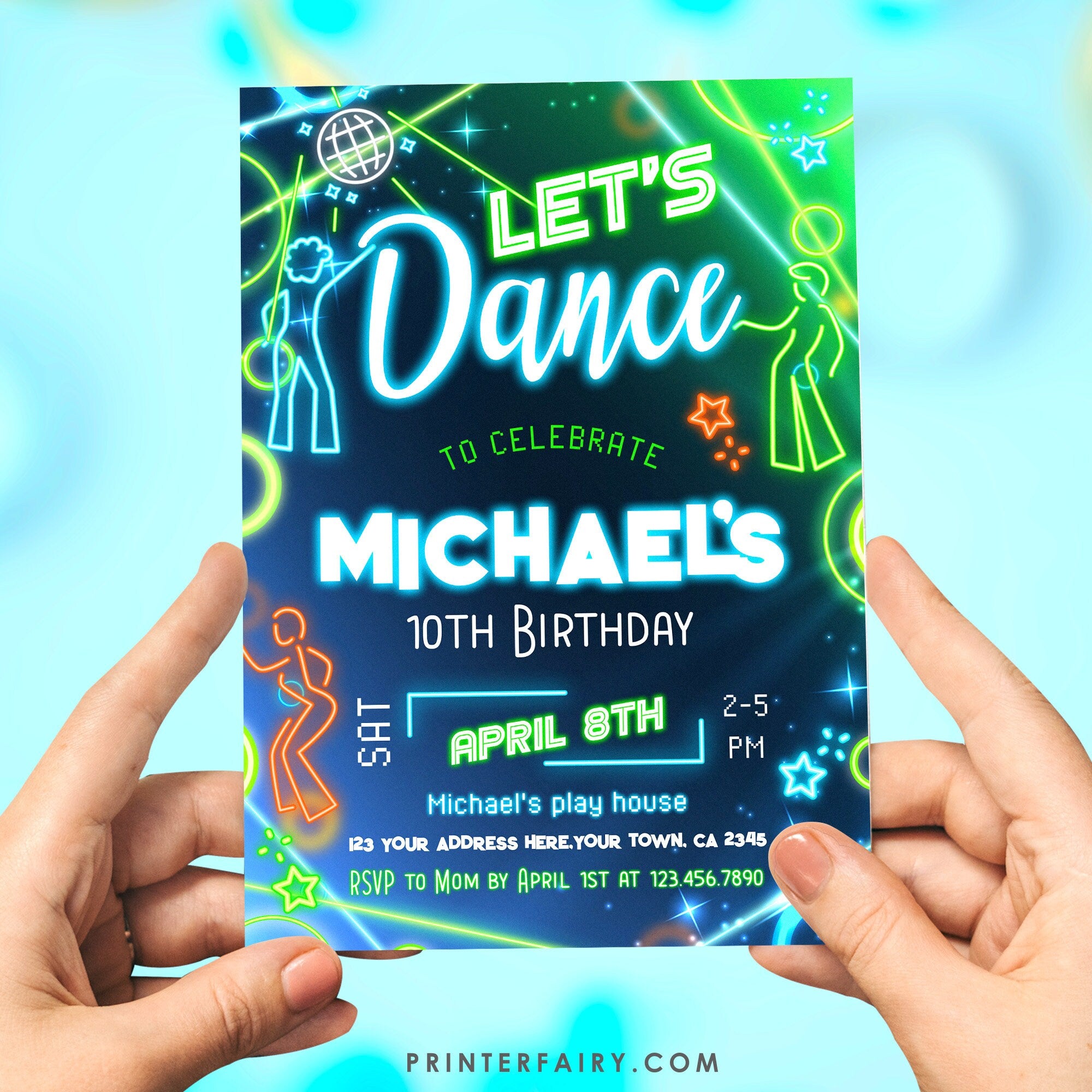 Neon Dance Party Invitation: Retro Music, Editable (Digital Download)