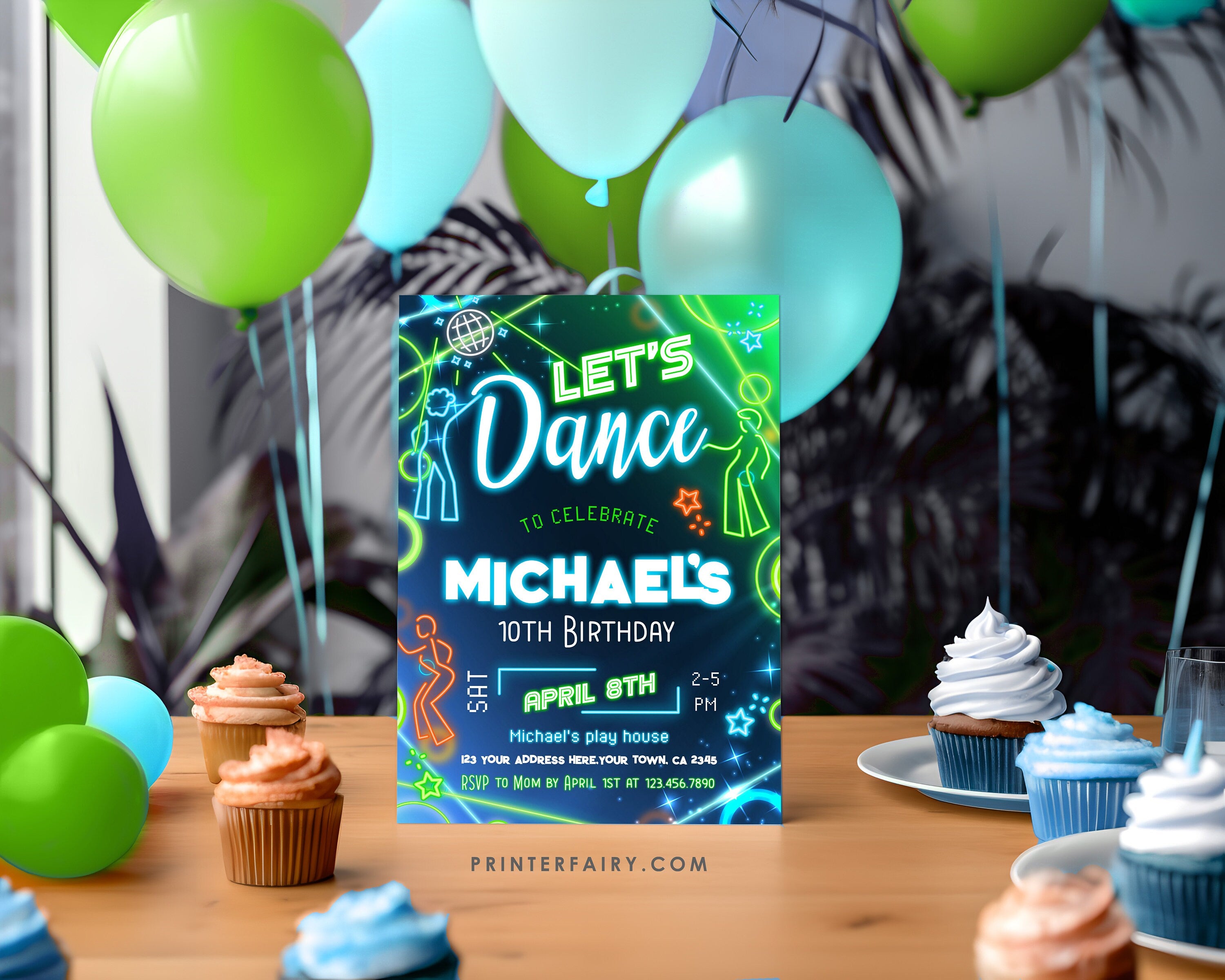 Neon Dance Party Invitation: Retro Music, Editable (Digital Download)