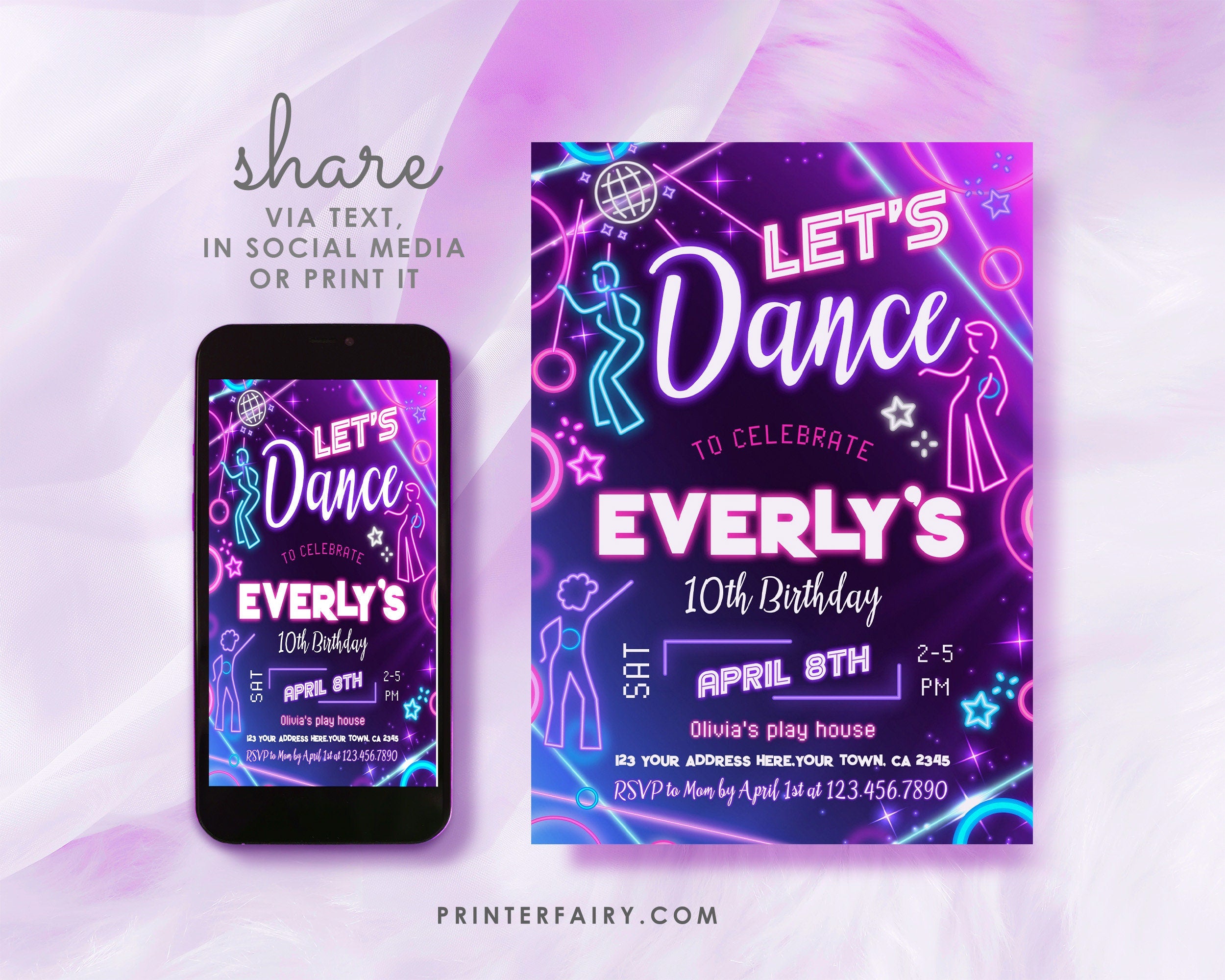 Neon Dance Party Invitation: Retro Music Theme, Editable on Corjl