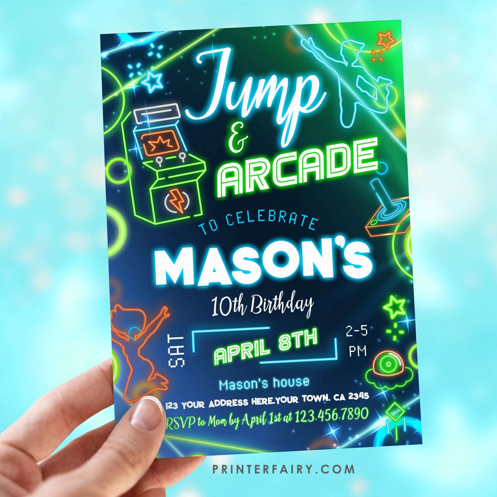 Neon Arcade & Jump Birthday Invitation: Bounce House, Trampoline Party, Gaming - Fully Editable in Corjl
