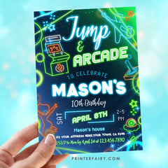 Neon Arcade & Jump Birthday Invitation: Bounce House, Trampoline Party, Gaming - Fully Editable in Corjl