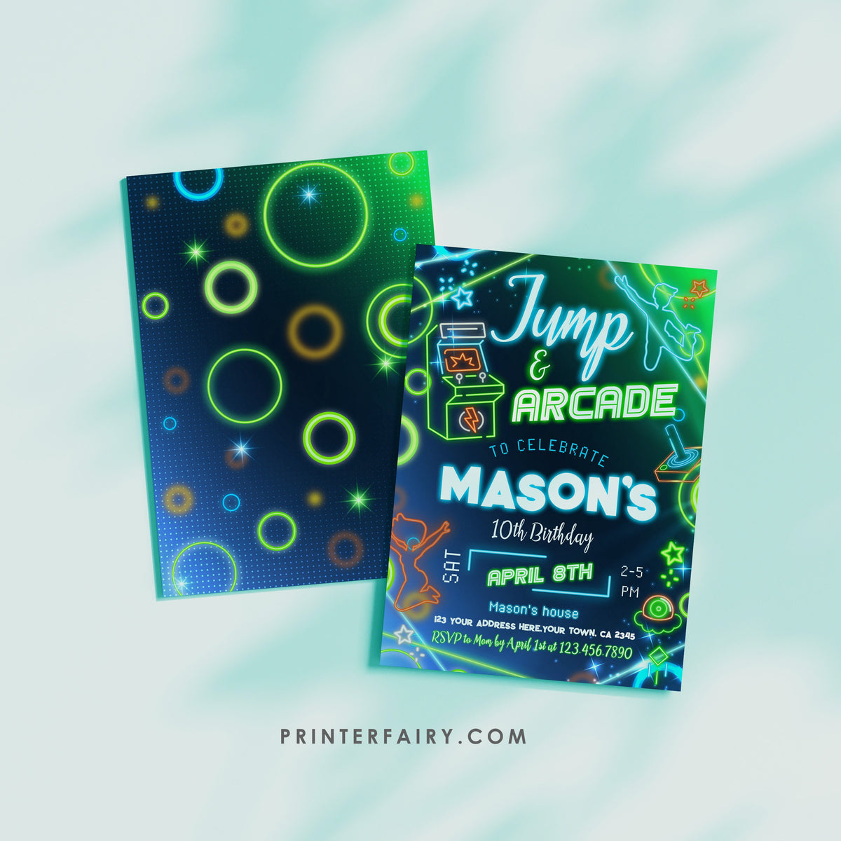 Neon Arcade & Jump Birthday Invitation: Bounce House, Trampoline Party, Gaming - Fully Editable in Corjl