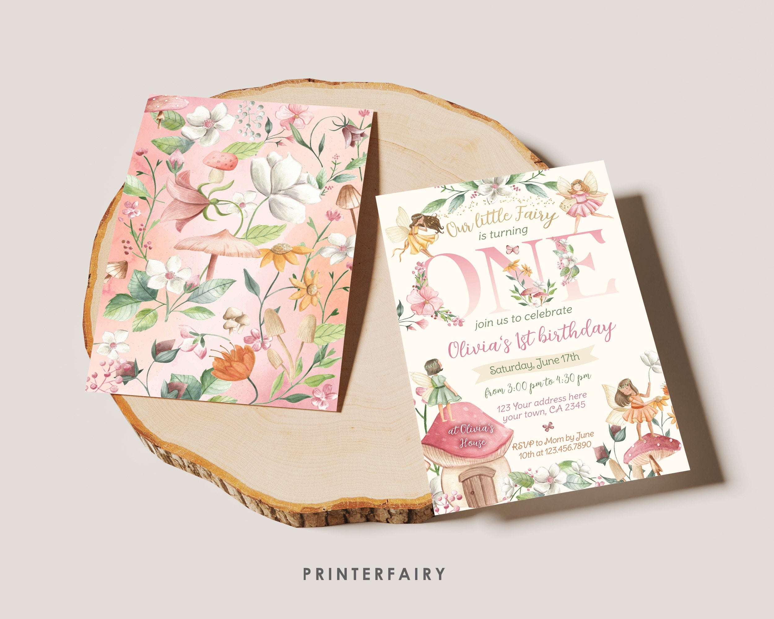 Fairy 1st Birthday Invitation: Floral Autumn Garden (Editable Corjl Template)