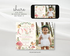Fairy 1st Birthday Invitation with Photo: Floral Garden Party (Editable Corjl Template)