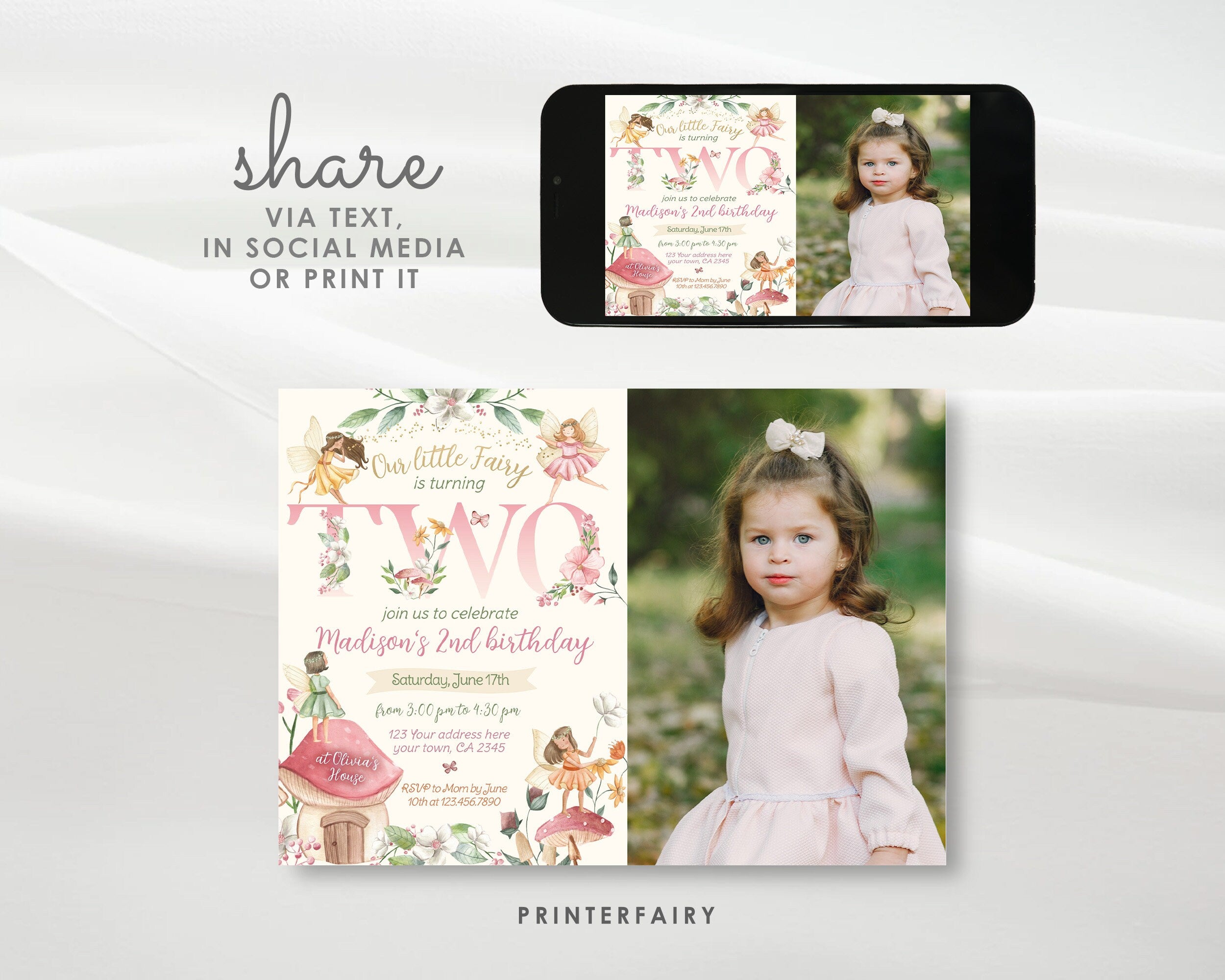 Editable Fairy 2nd Birthday Invitation: Floral Garden Party (Corjl Template)