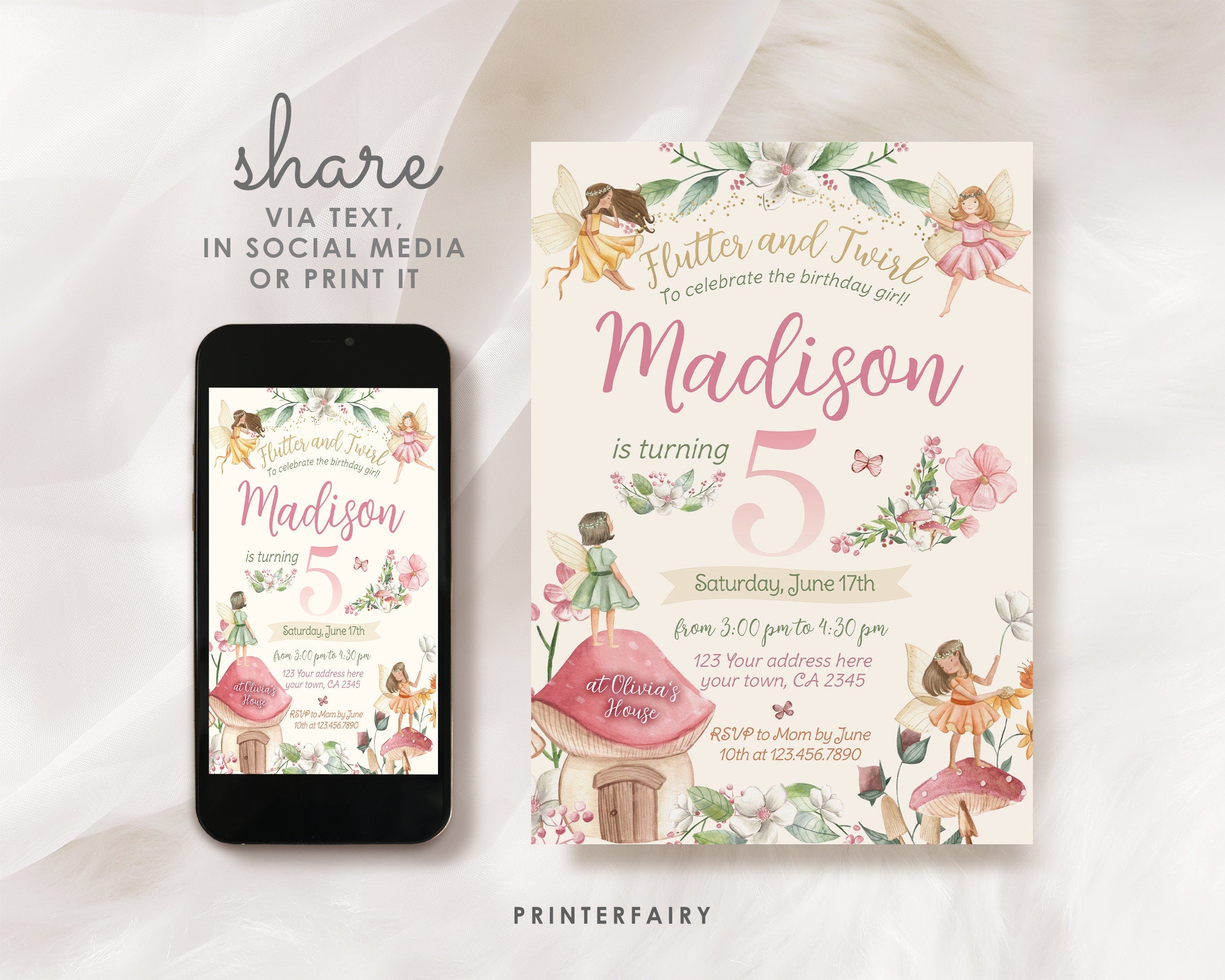 Editable Fairy Birthday Invitation: Floral Fall Party (Instant Download)