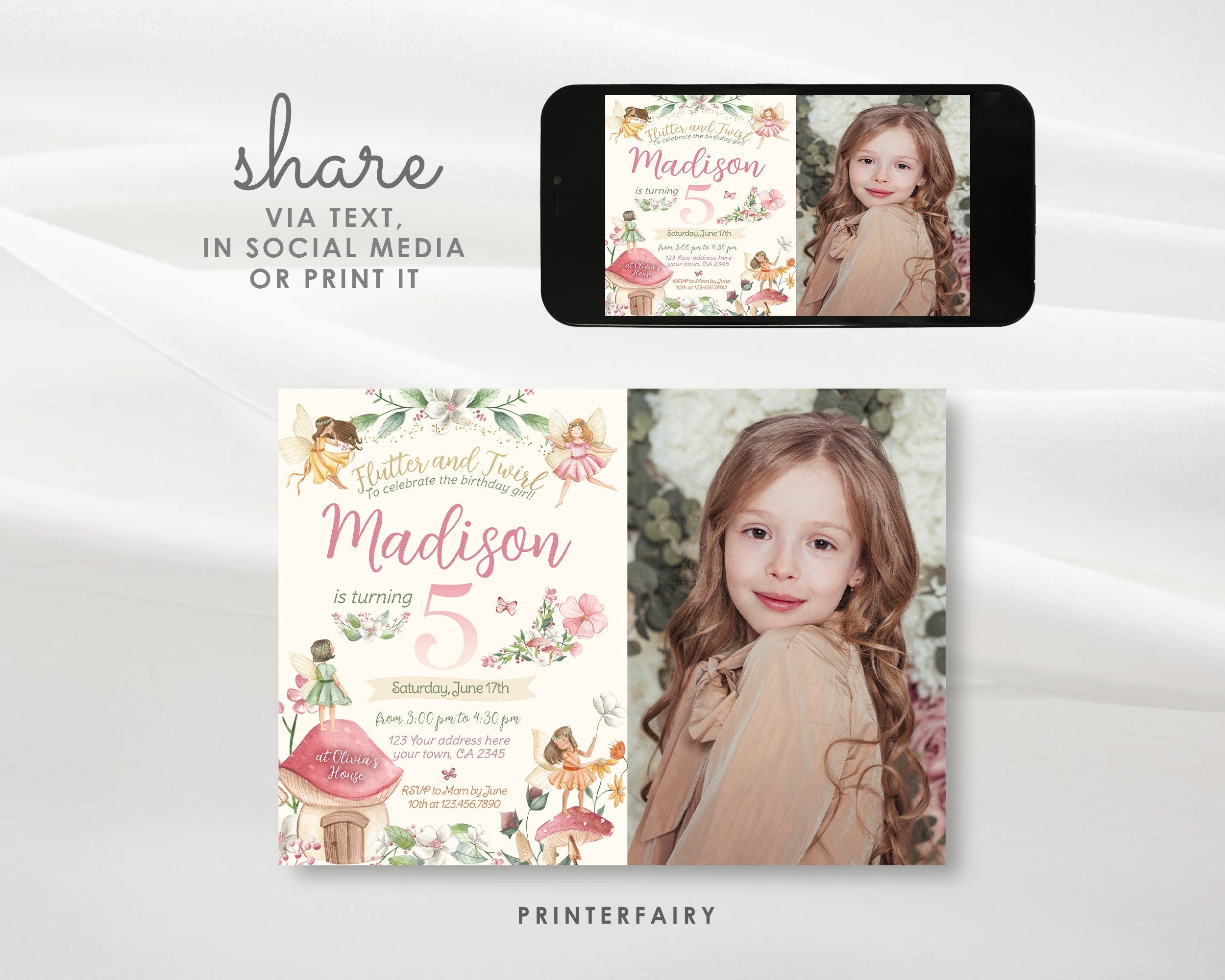 Editable Fairy Birthday Invitation: Fall Floral Garden, Photo Invite (Corjl Template)