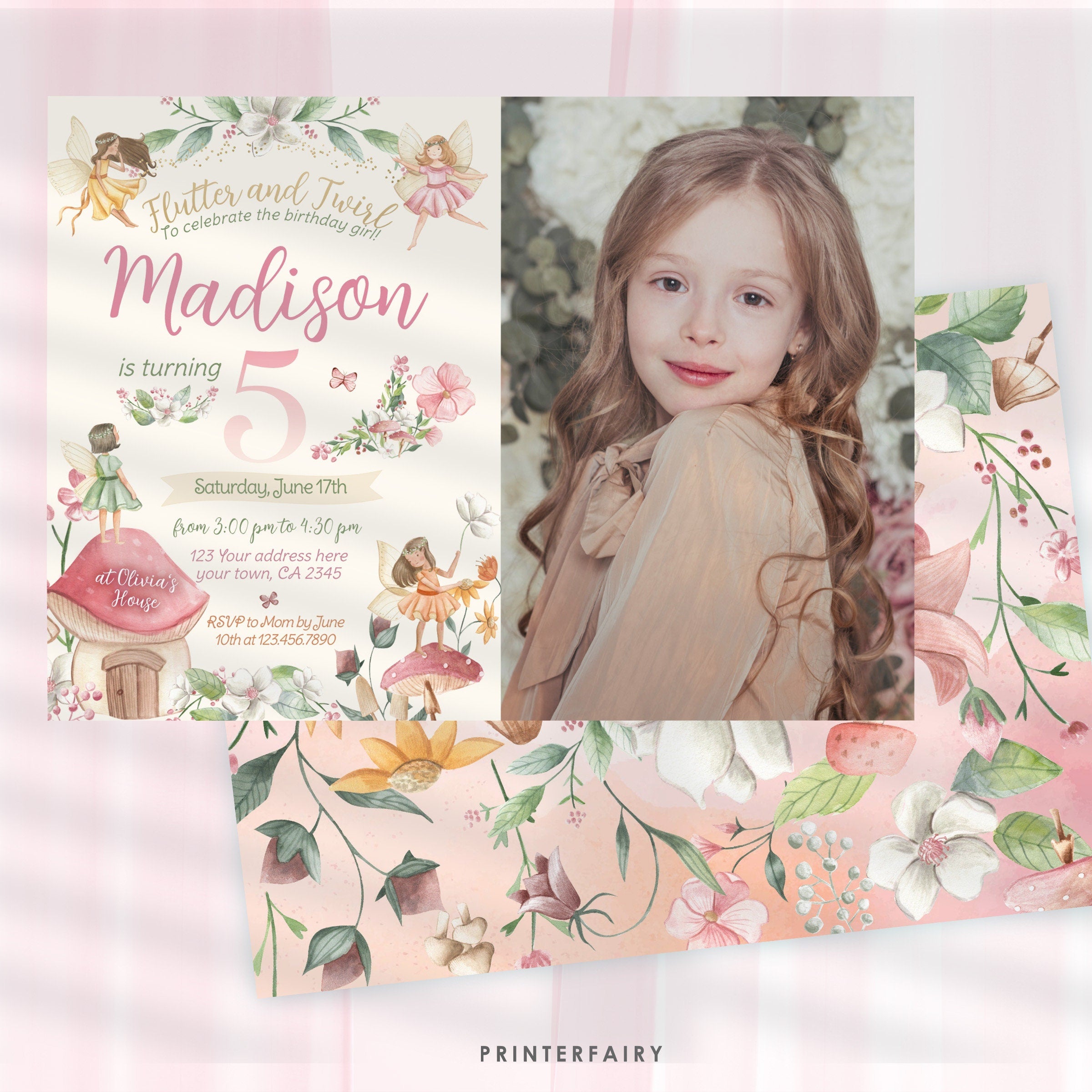 Editable Fairy Birthday Invitation: Fall Floral Garden, Photo Invite (Corjl Template)