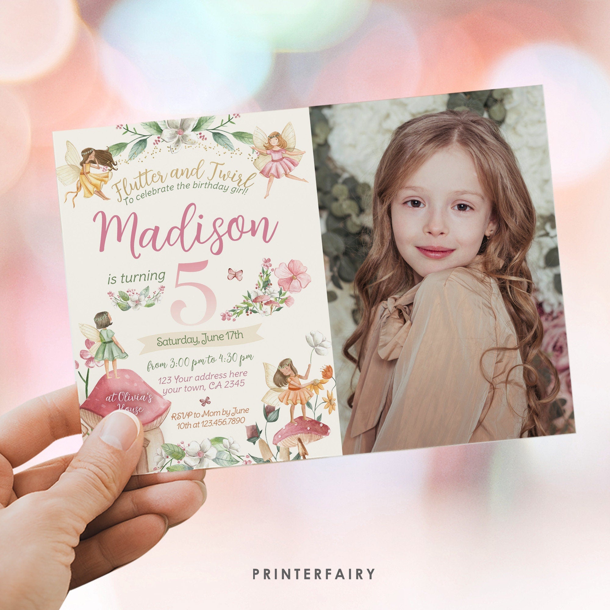 Editable Fairy Birthday Invitation: Fall Floral Garden, Photo Invite (Corjl Template)