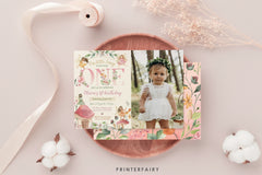Fairy 1st Birthday Invitation with Photo: Floral Garden Party (Editable Corjl Template)