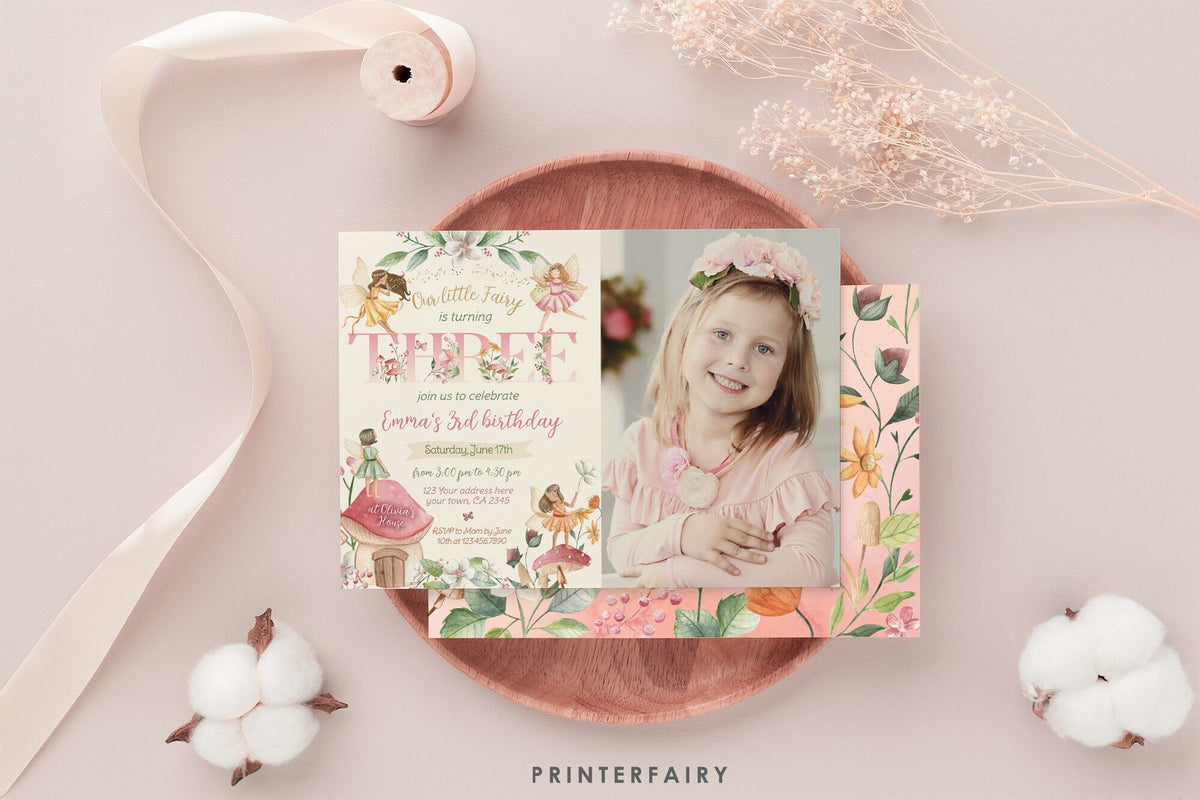 Fairy 3rd Birthday Invitation with Photo: Floral Garden Party (Corjl Template)
