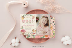 Fairy 3rd Birthday Invitation with Photo: Floral Garden Party (Corjl Template)