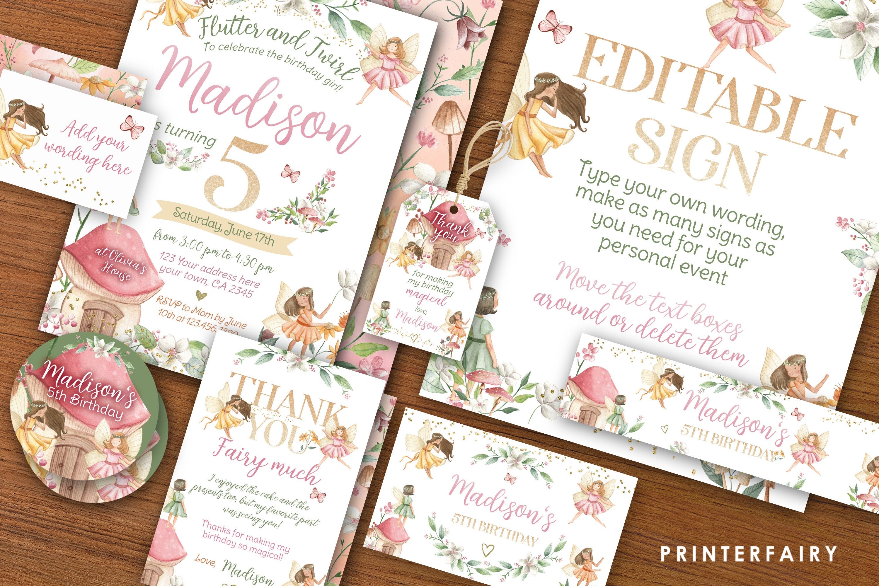 Editable Fairy Birthday Party Kit, Invitation, Thank You Notes (Instant Download)
