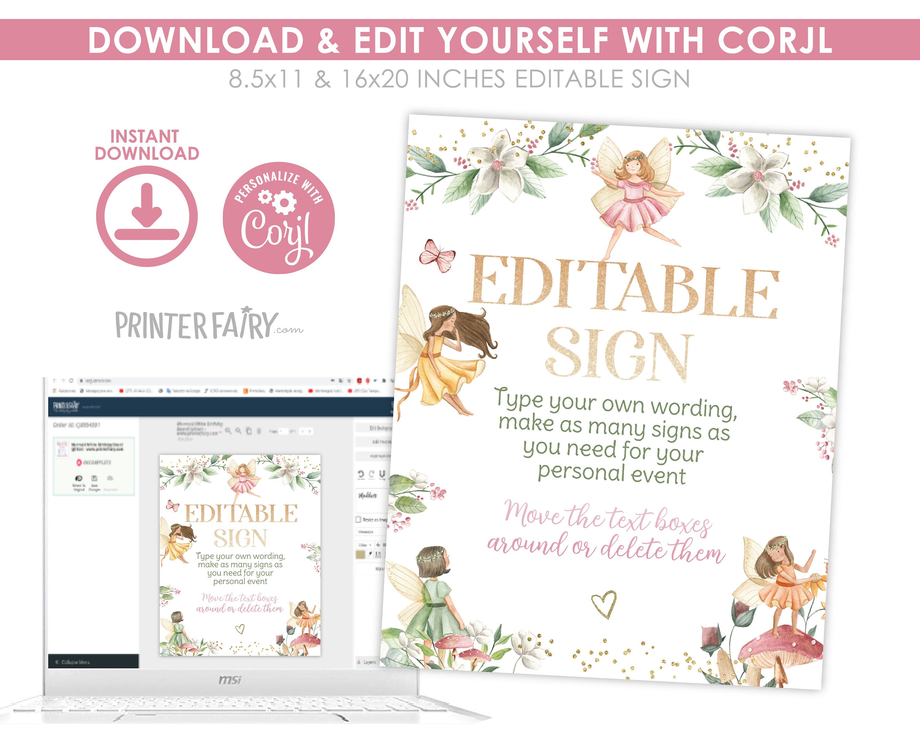 Editable Fairy Birthday Party Kit, Invitation, Thank You Notes (Instant Download)