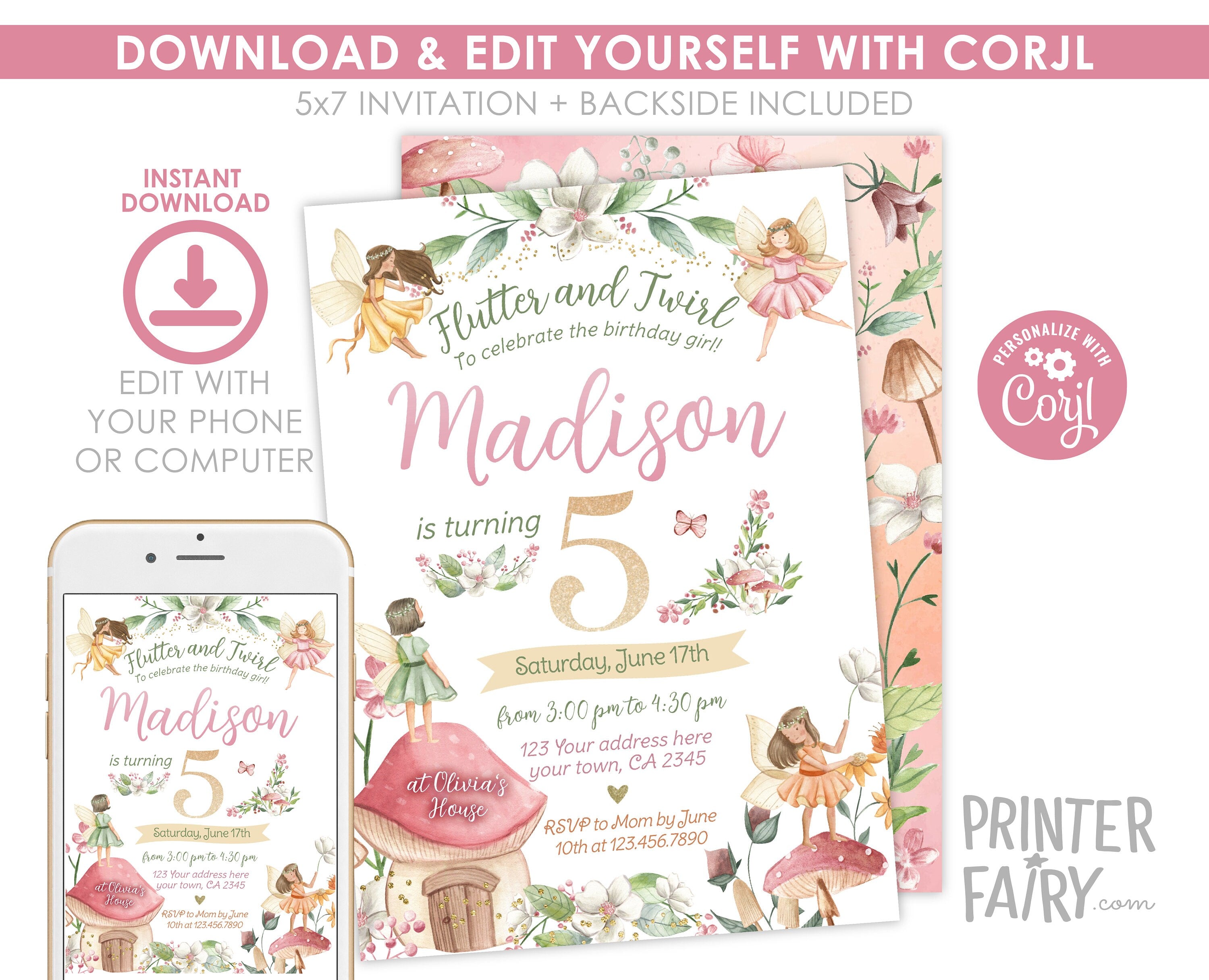 Editable Fairy Birthday Party Kit, Invitation, Thank You Notes (Instant Download)