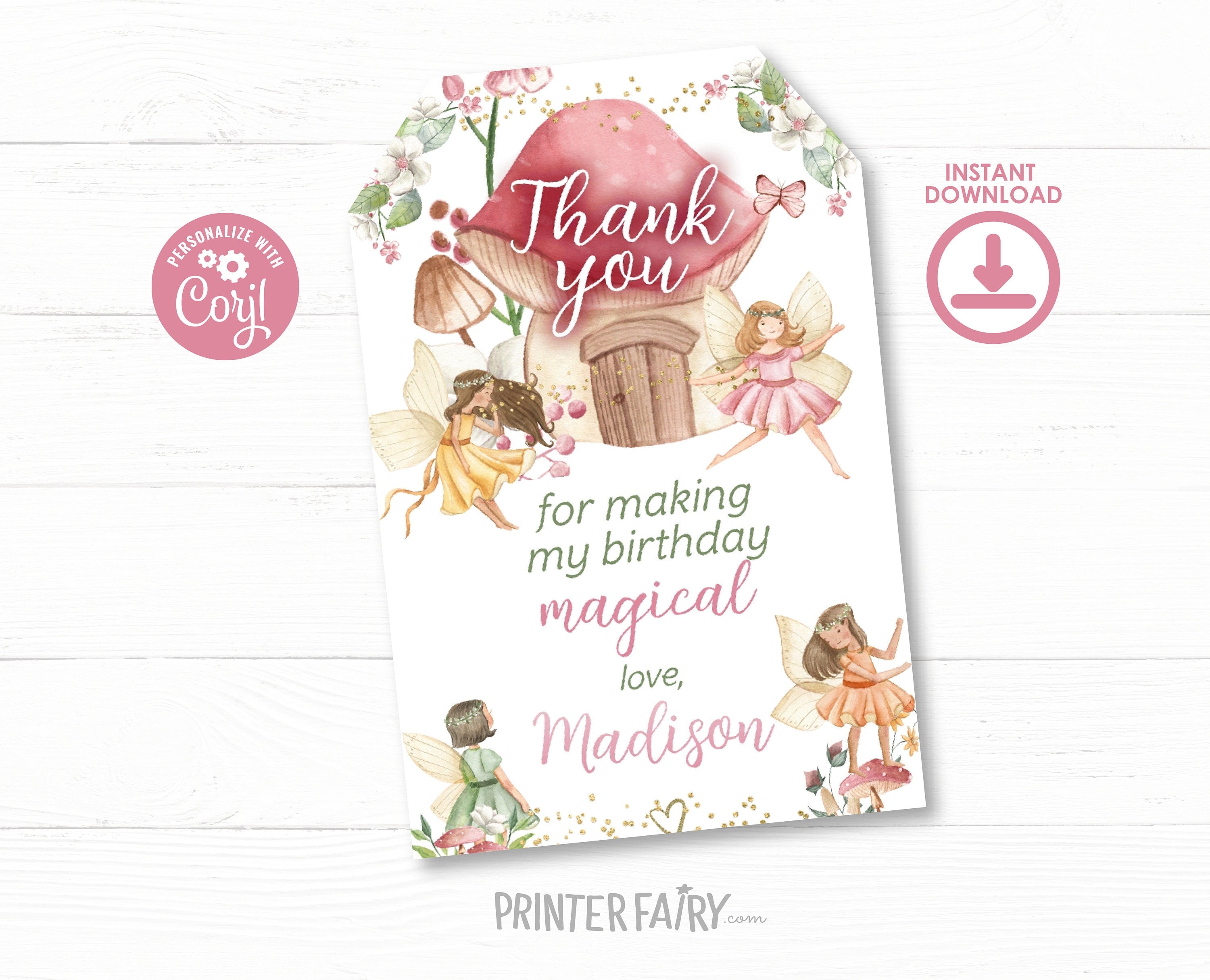 Editable Fairy Birthday Party Kit, Invitation, Thank You Notes (Instant Download)