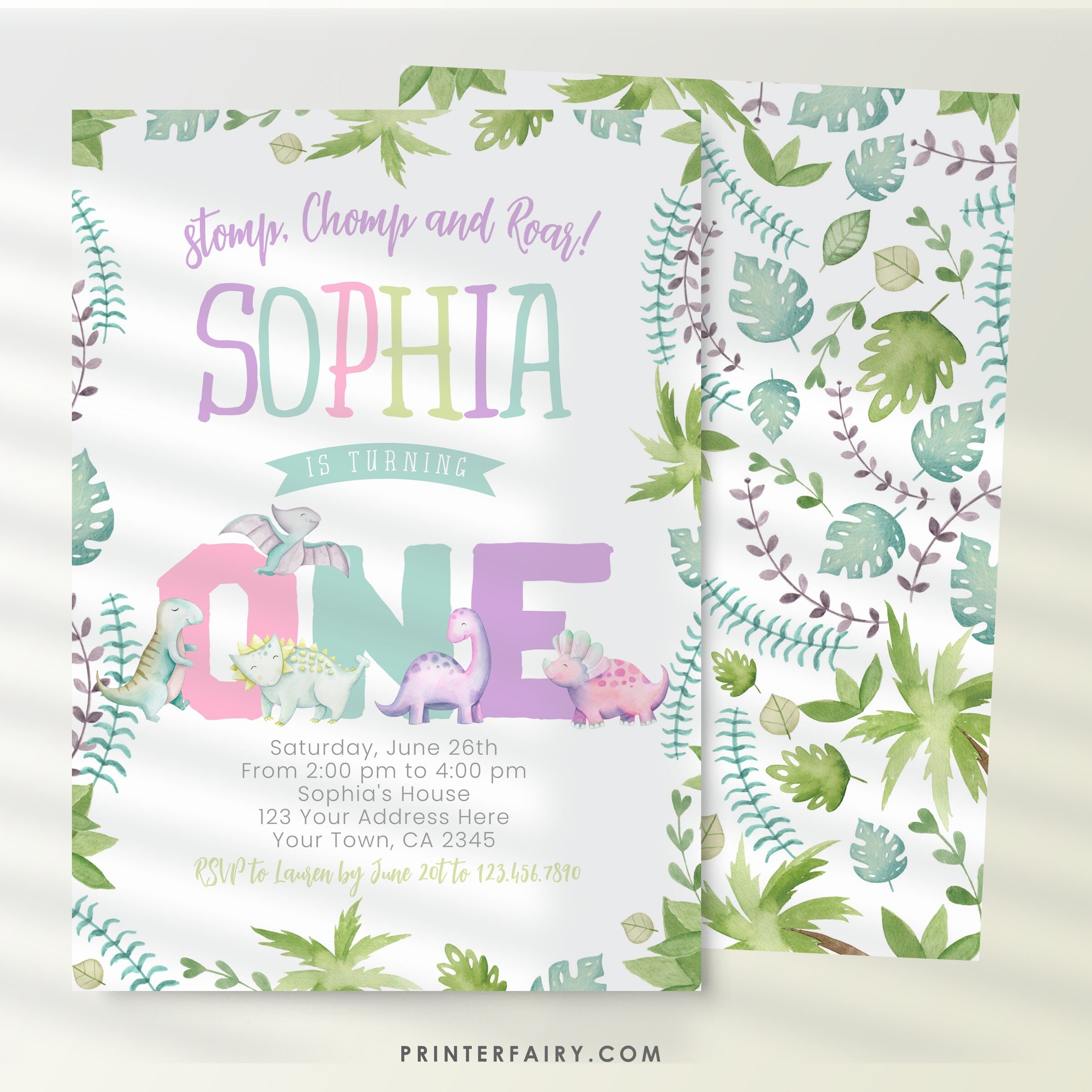 Girl Dinosaur 1st Birthday Invitation, EDITABLE (Instant Download)