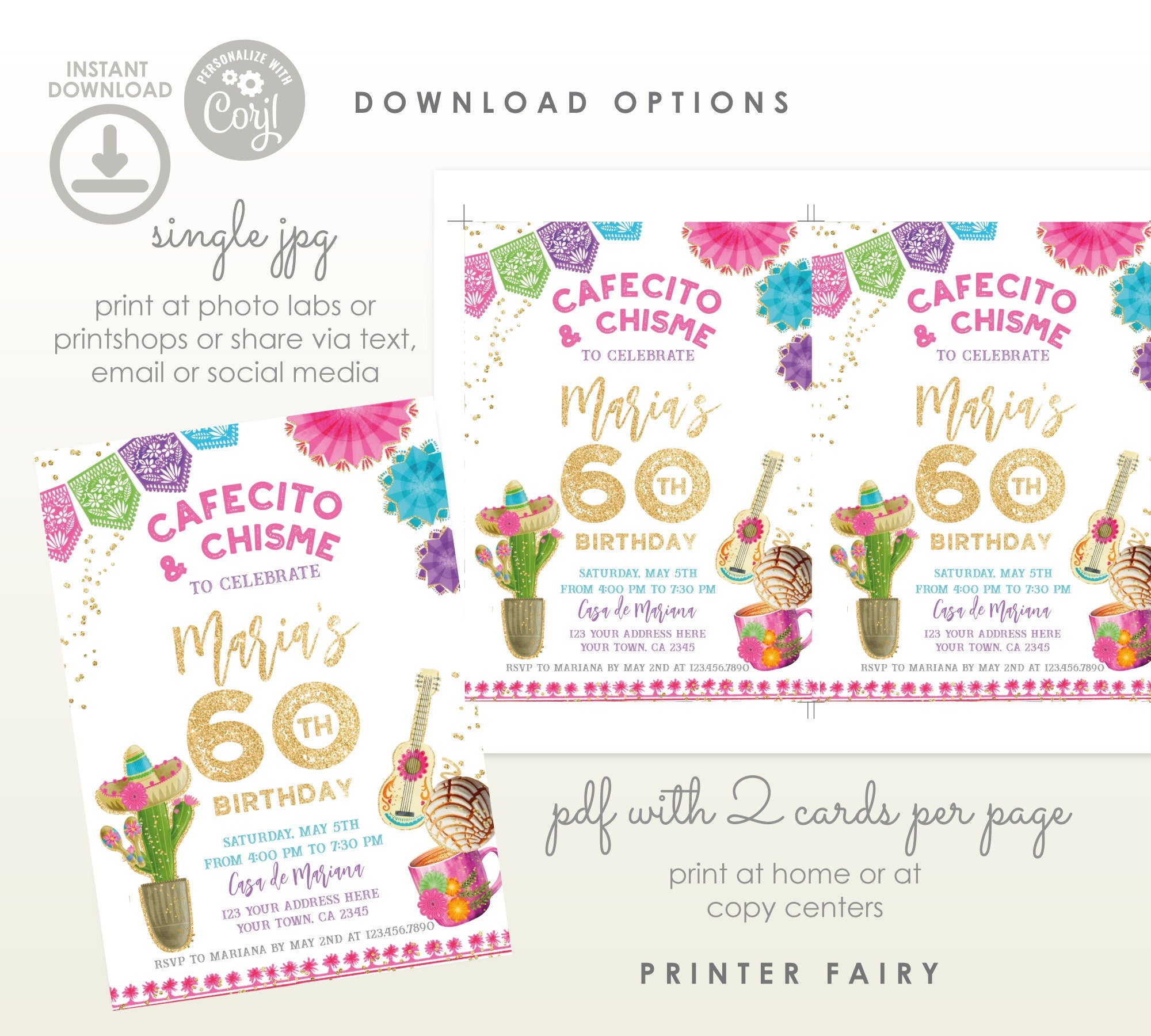 Cafecito y Chisme Fiesta Birthday Invitation, Editable Template (Digital Download)