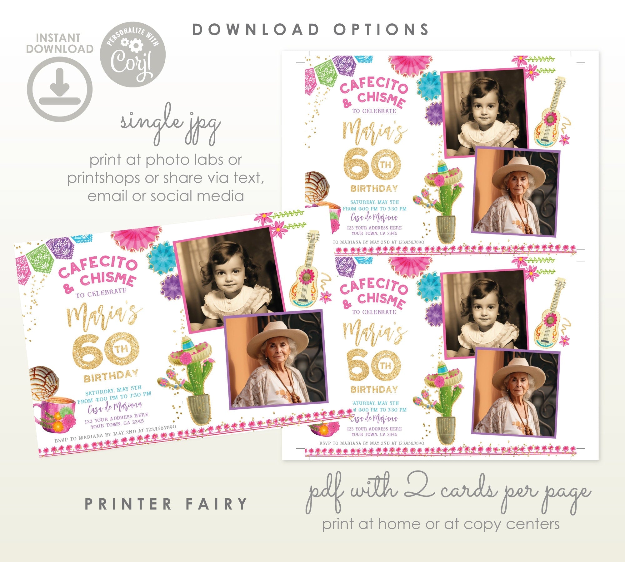 Cafecito y Chisme Fiesta Birthday Invitation with Photo (Digital Download)