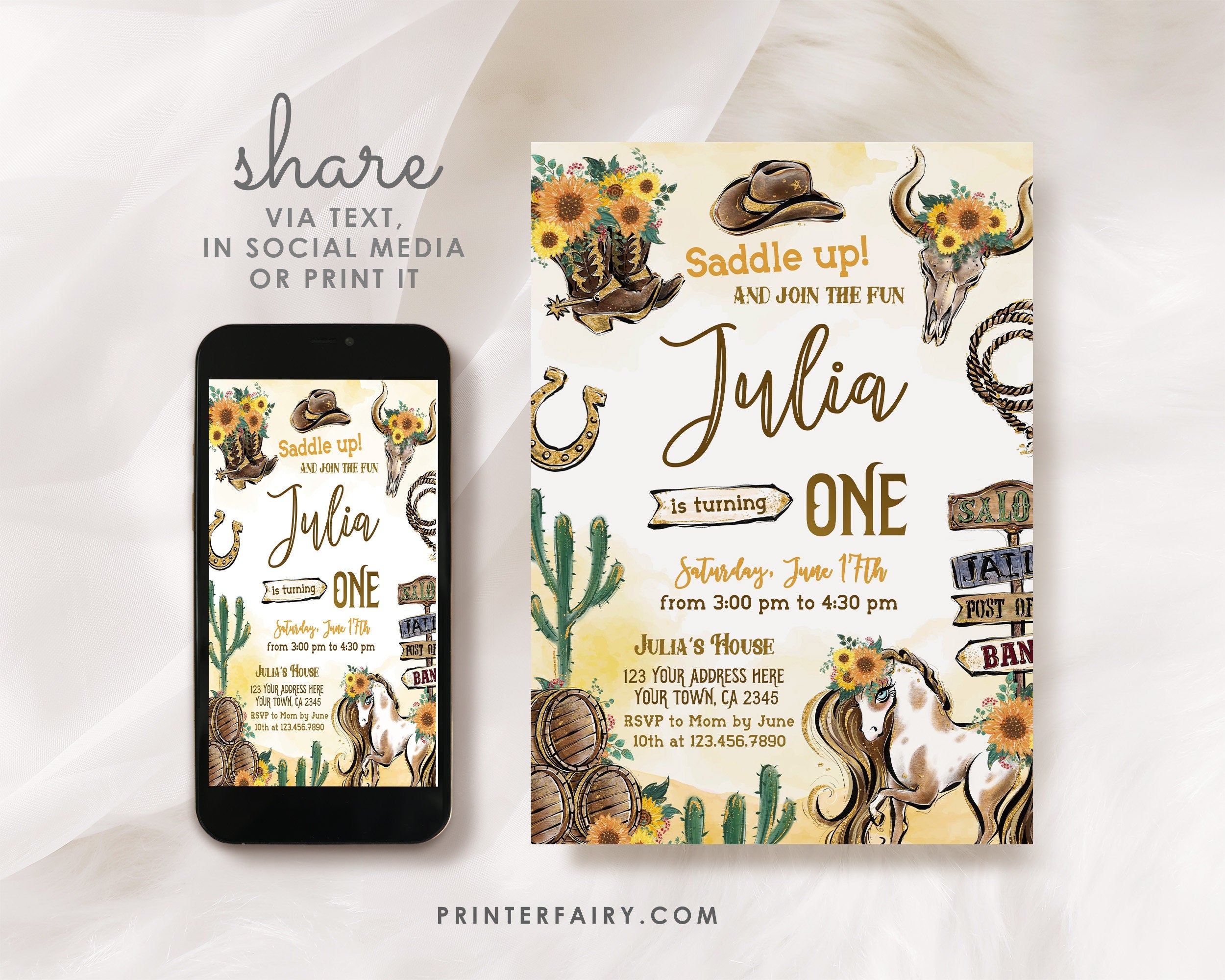 Cowgirl First Birthday Invitation: Wild West Rodeo, Editable in Corjl (Digital Download)