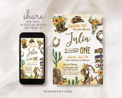 Cowgirl First Birthday Invitation: Wild West Rodeo, Editable in Corjl (Digital Download)