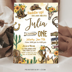 Cowgirl First Birthday Invitation: Wild West Rodeo, Editable in Corjl (Digital Download)