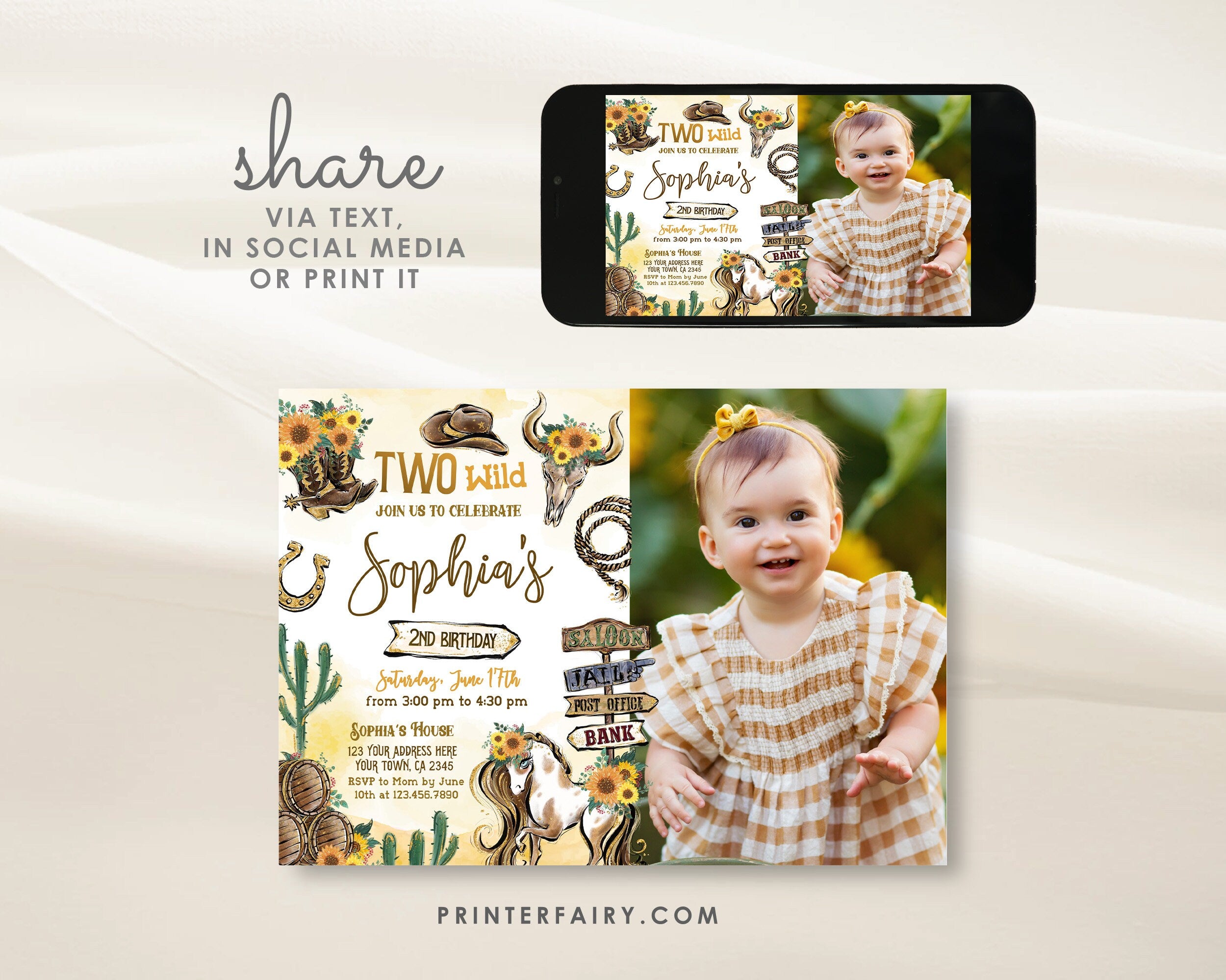 Cowgirl "Two Wild" Birthday Invitation with Photo (Instant Download)