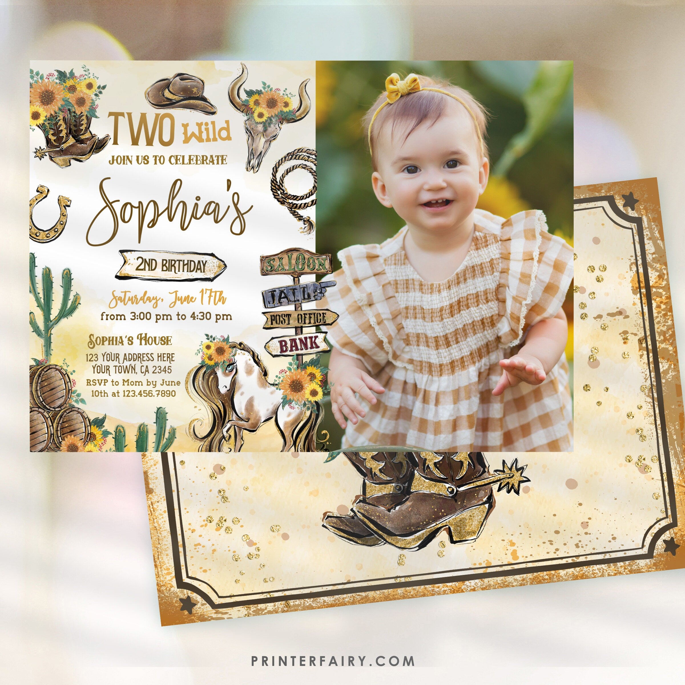 Cowgirl "Two Wild" Birthday Invitation with Photo (Instant Download)