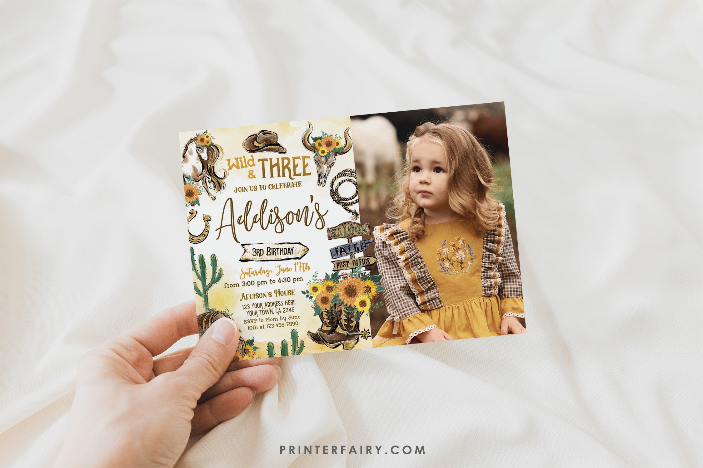 Wild Three Cowgirl Birthday Invitation with Photo (Digital Download)