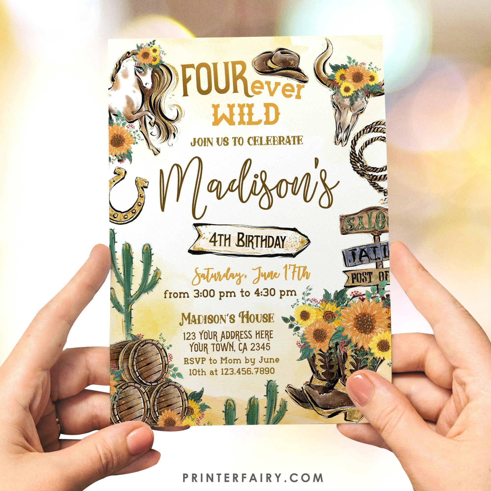 Four Ever Wild Cowgirl 4th Birthday Invitation (Digital Download)