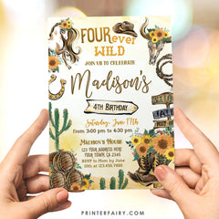 Four Ever Wild Cowgirl 4th Birthday Invitation (Digital Download)