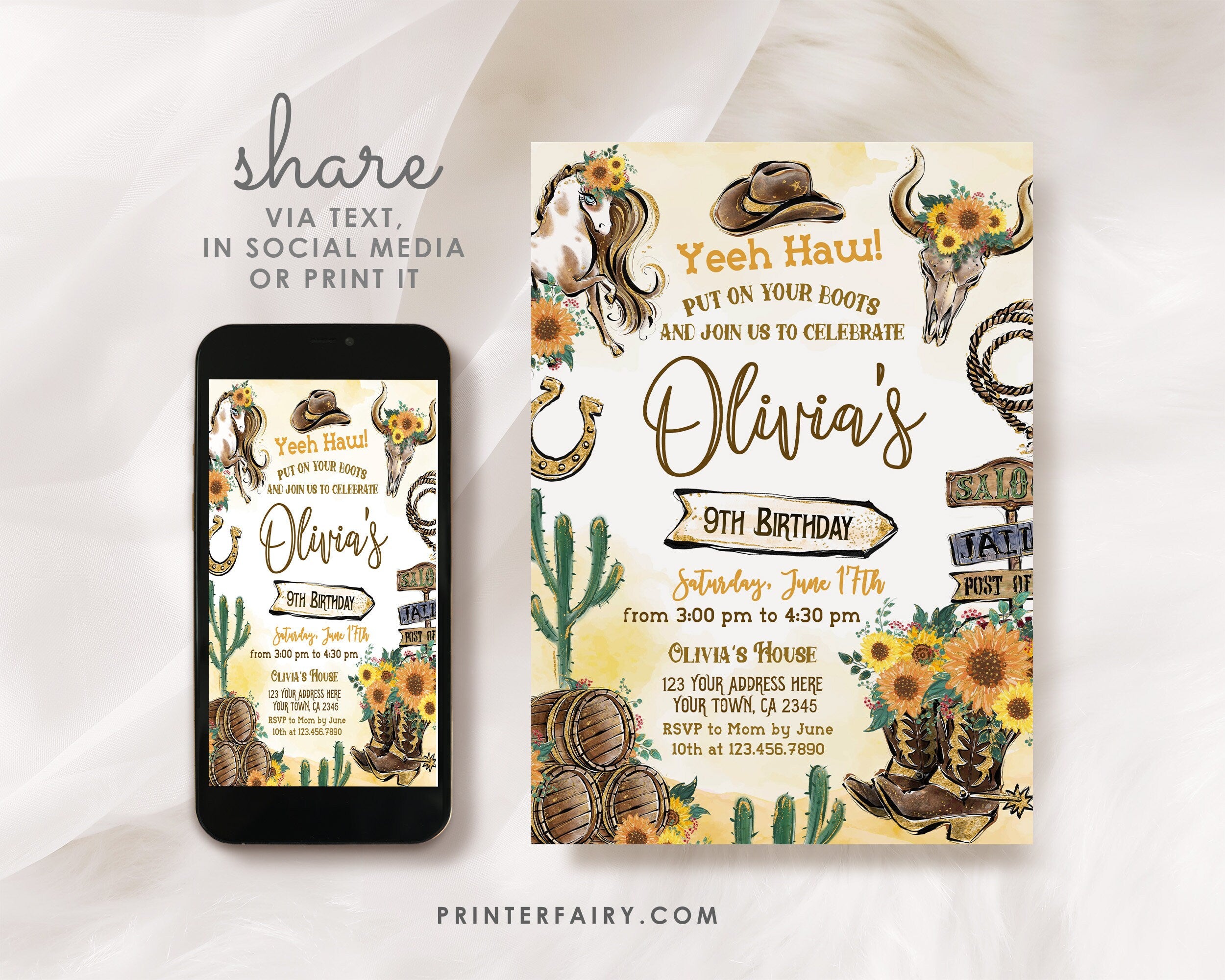 Rustic Cowgirl Birthday Invitation: Wild West Rodeo Party (Instant Edit)