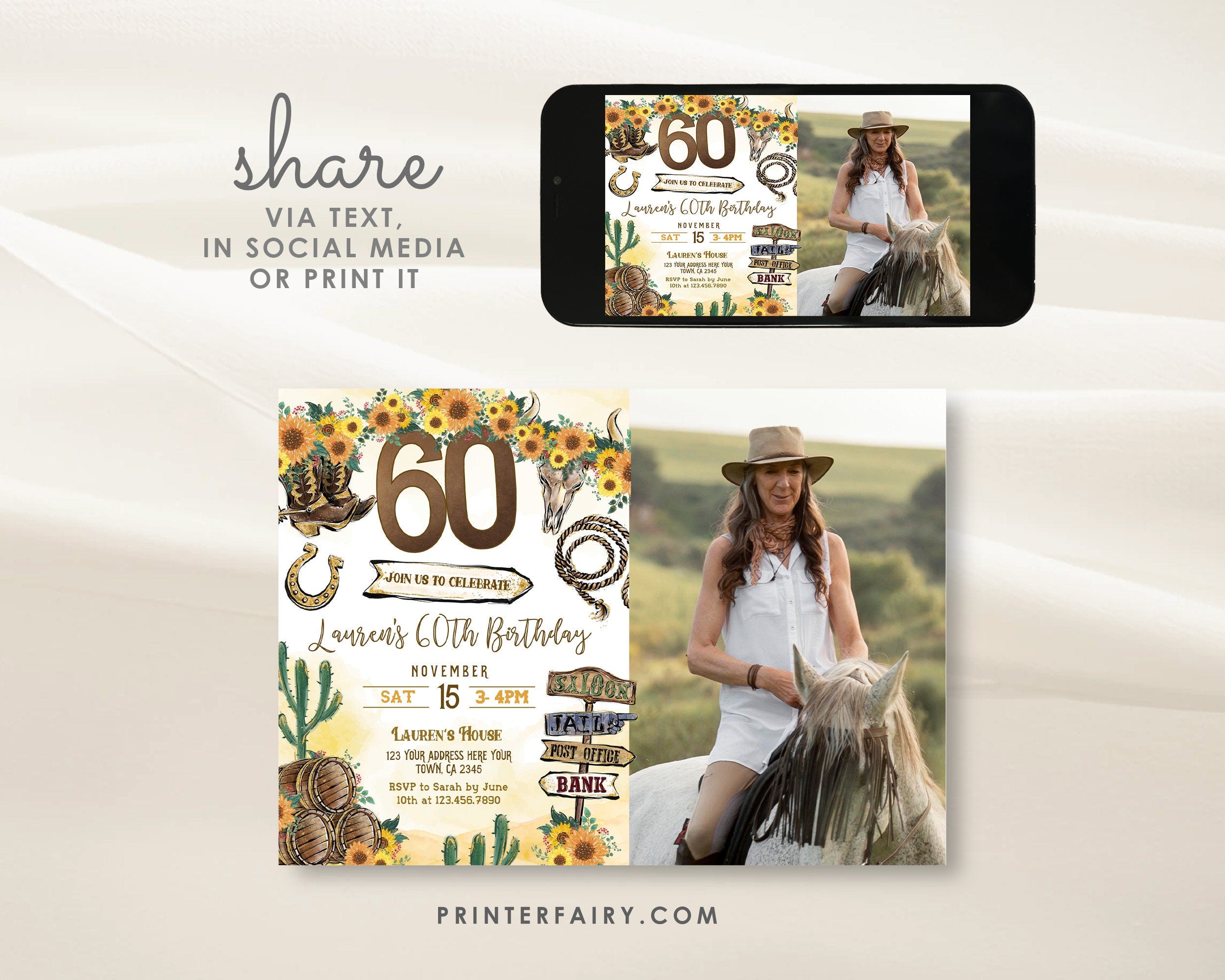 Rustic Cowgirl 60th Birthday Invitation with Photo (Digital Download)