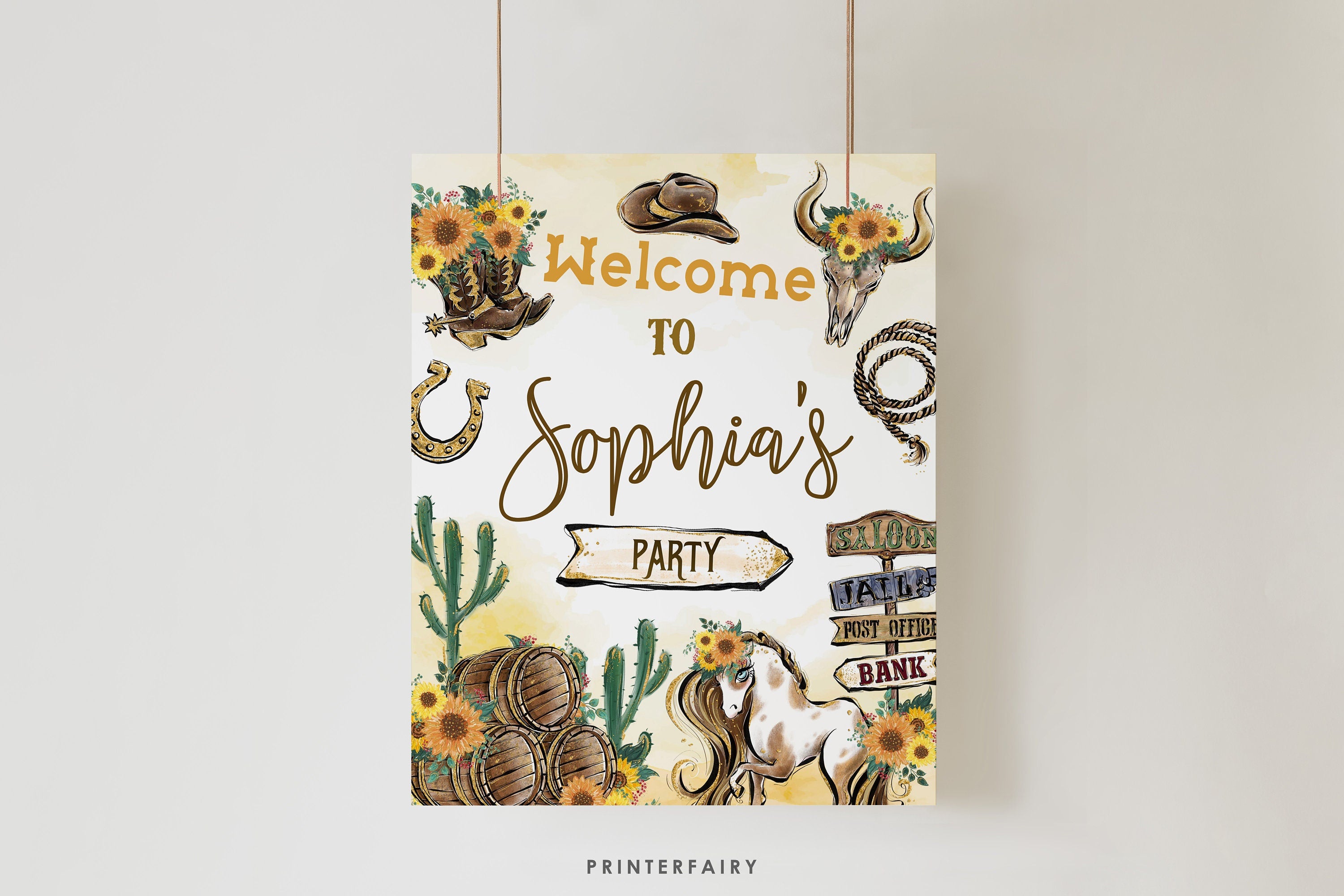 Rustic Cowgirl Welcome Sign, Wild West Birthday (Editable, Instant Download)