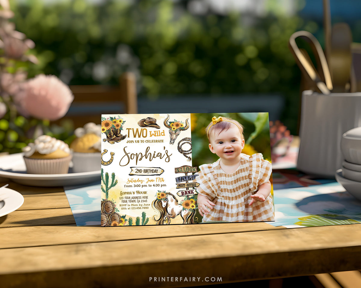 Cowgirl "Two Wild" Birthday Invitation with Photo (Instant Download)