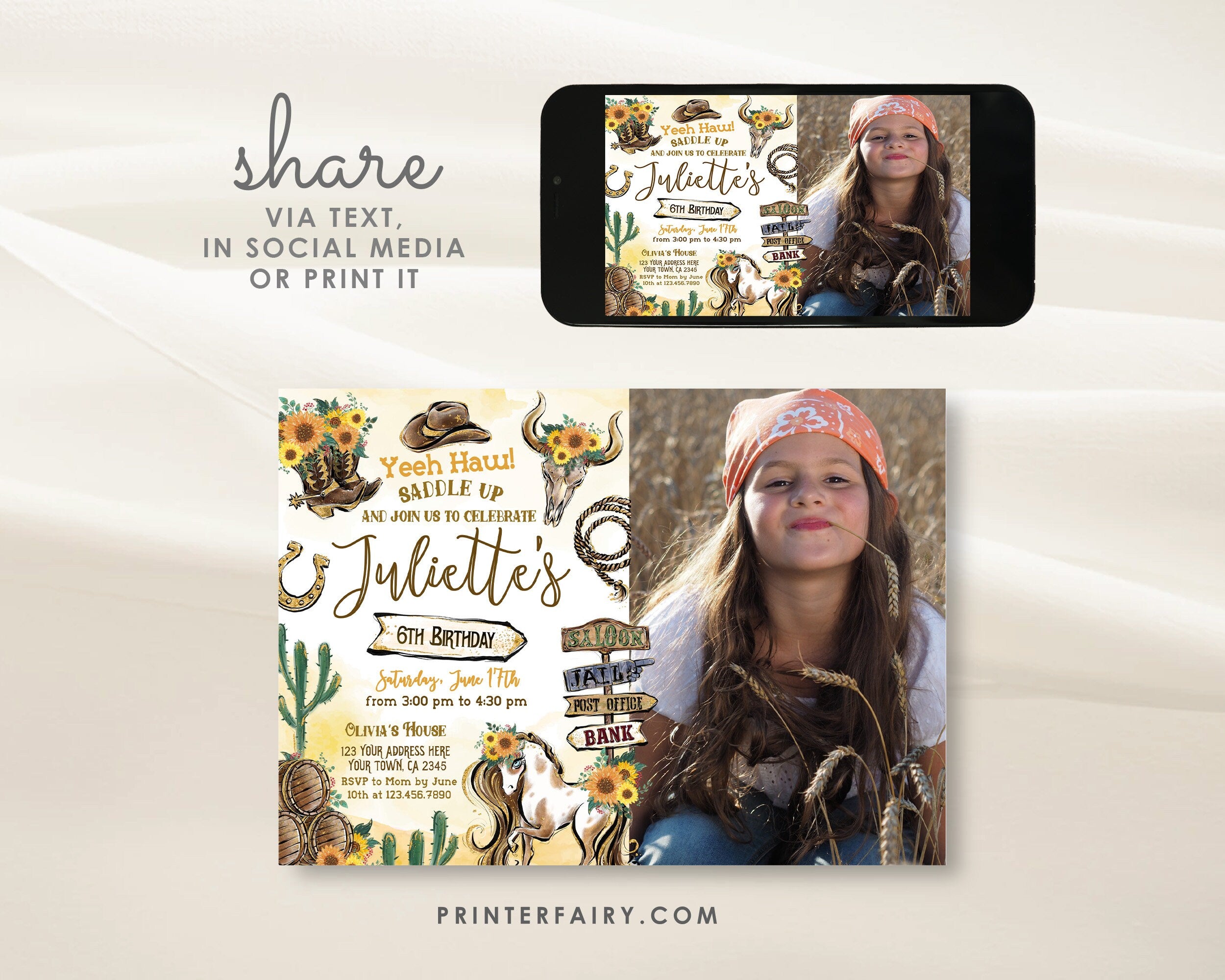 Cowgirl Birthday Invitation with Photo, Wild West Rodeo (Editable in Corjl)