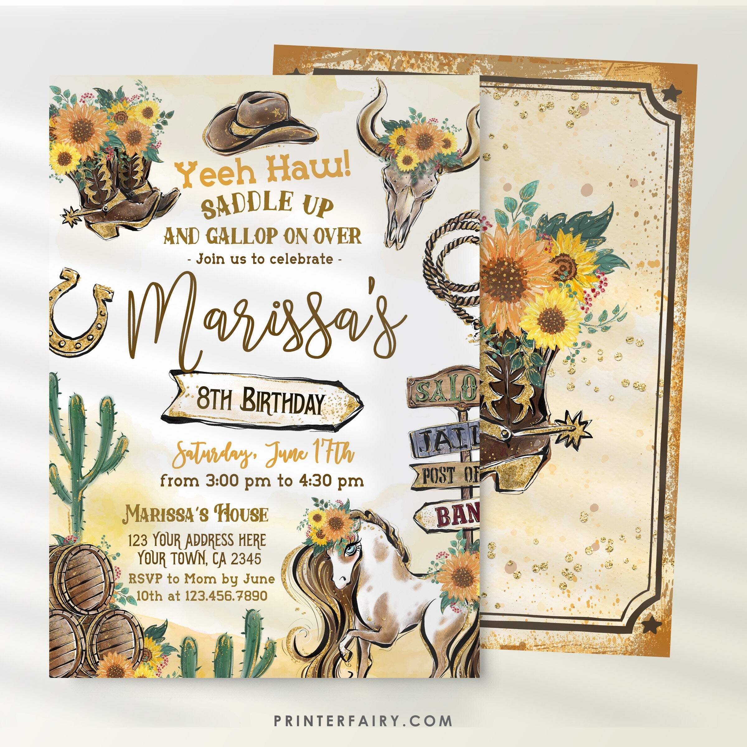 Cowgirl Birthday Invitation, Rustic Rodeo Party (Editable in Corjl)