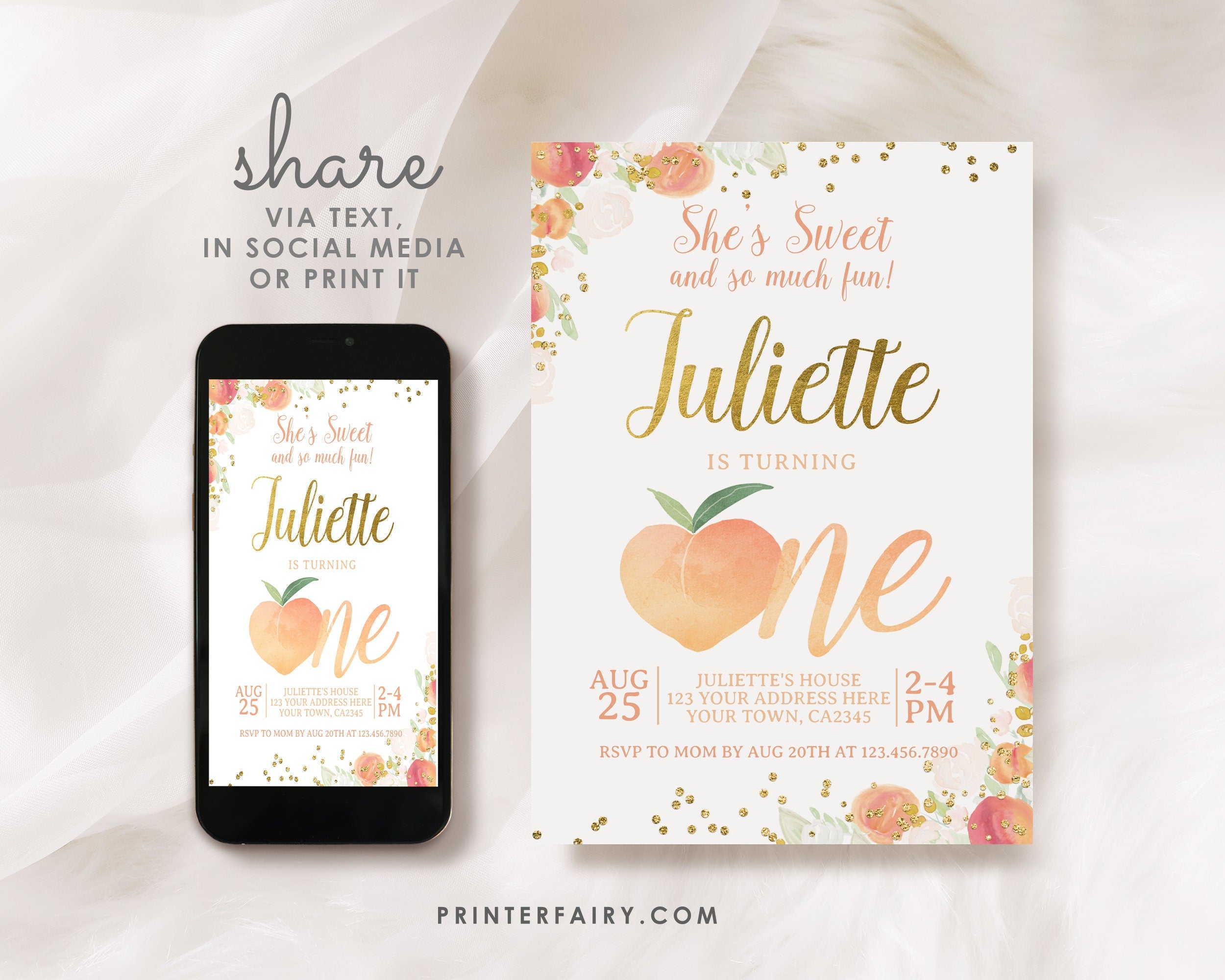 Peach First Birthday Invitation, Floral Girl Invite (EDITABLE, INSTANT DOWNLOAD)