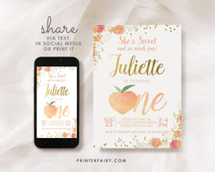 Peach First Birthday Invitation, Floral Girl Invite (EDITABLE, INSTANT DOWNLOAD)