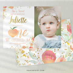 Peach First Birthday Invitation, Editable Floral Girl Invite (Digital Download)