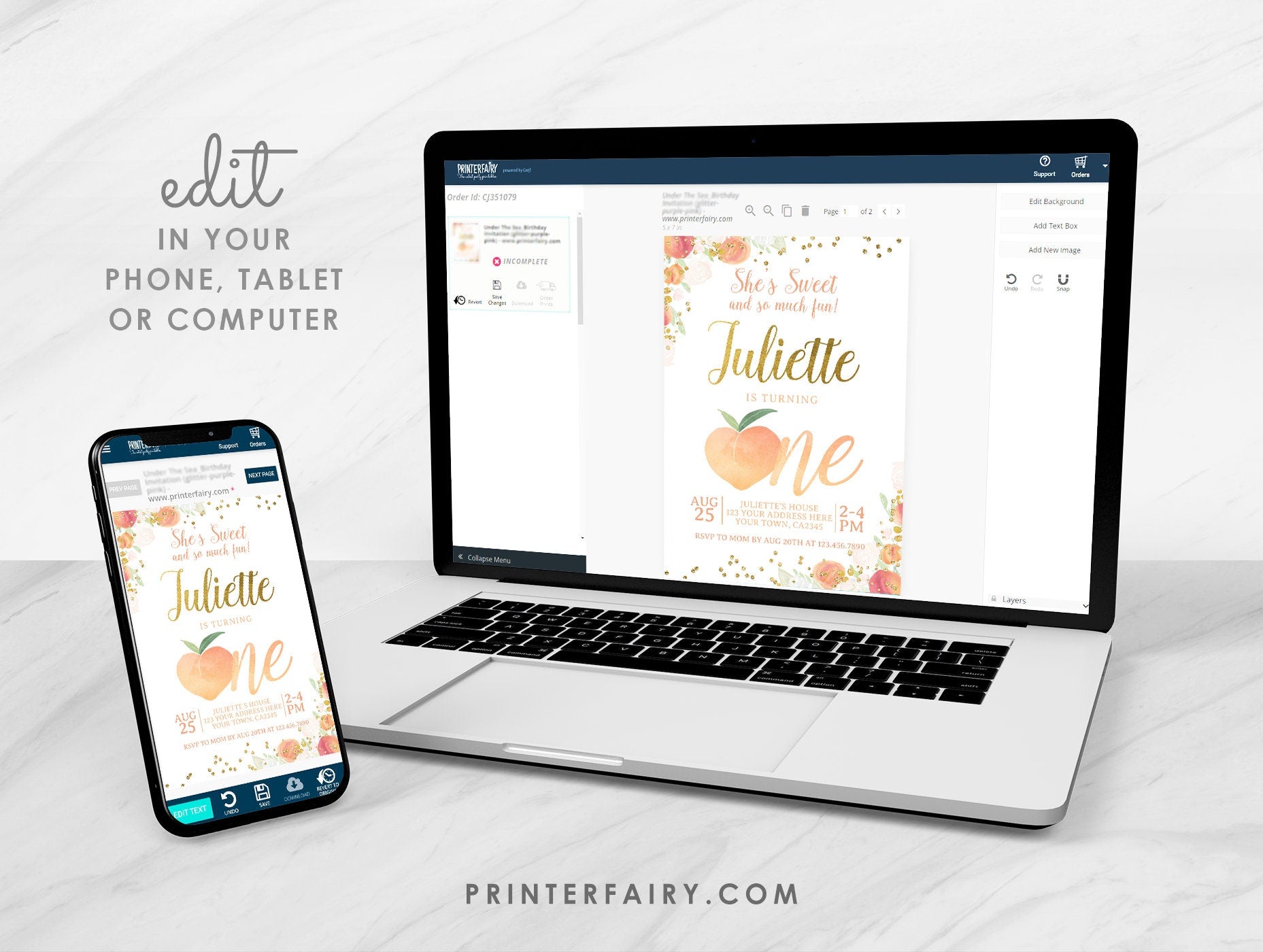 Peach First Birthday Invitation, Floral Girl Invite (EDITABLE, INSTANT DOWNLOAD)
