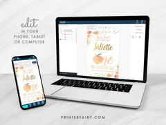 Peach First Birthday Invitation, Floral Girl Invite (EDITABLE, INSTANT DOWNLOAD)