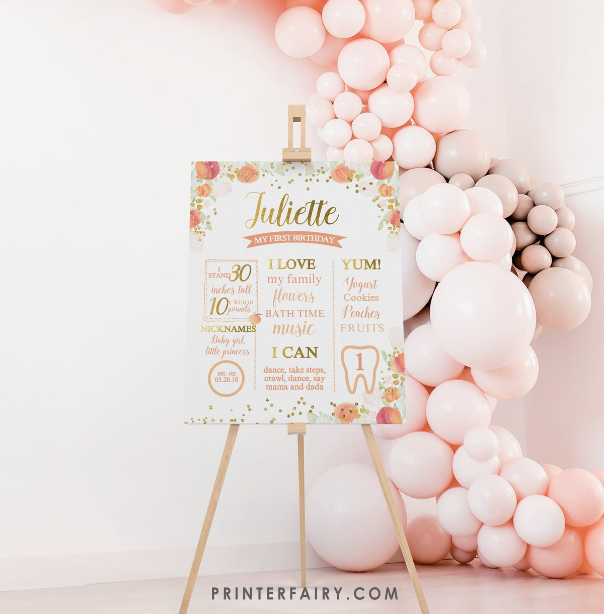 Peach 1st Birthday Board, Floral Girl Sign (INSTANT DOWNLOAD)