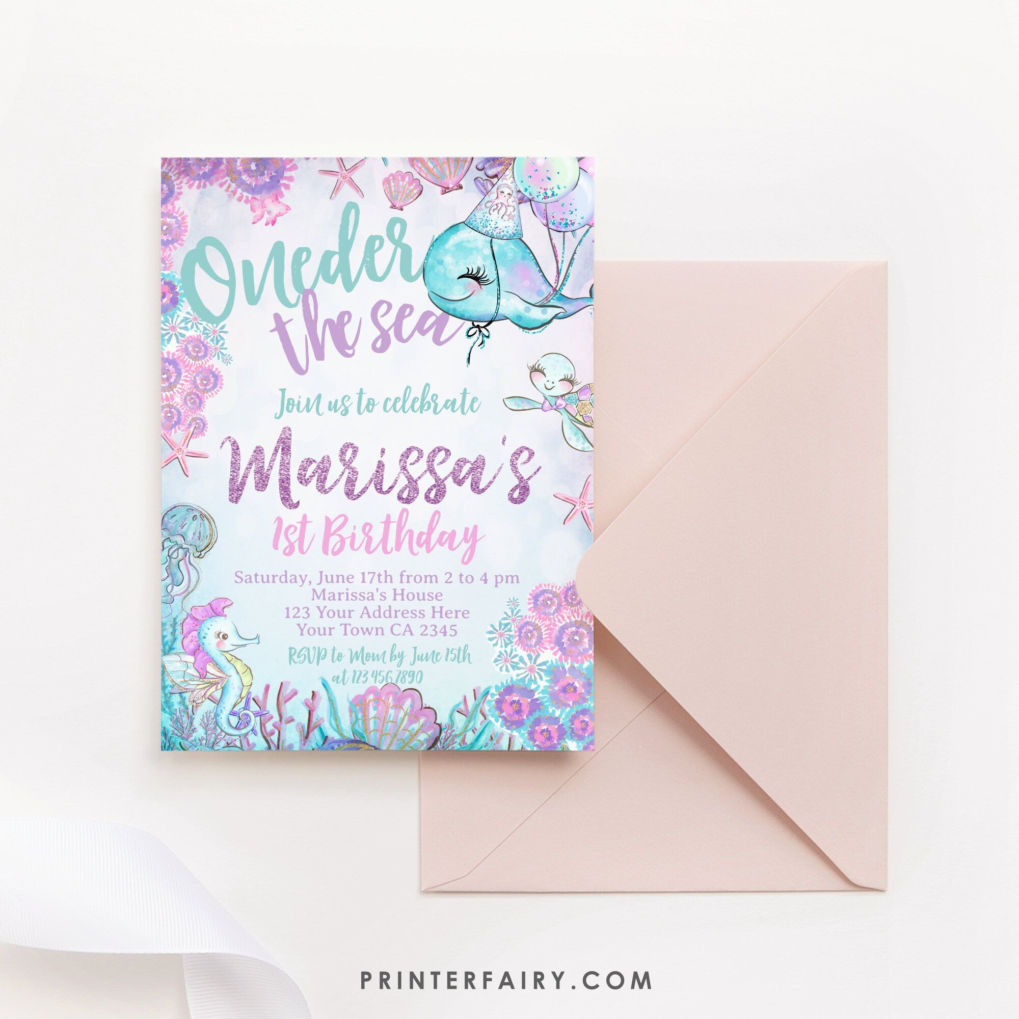 Under The Sea 1st Birthday Invitation, Whale Party (Editable, Instant Download, Printable)
