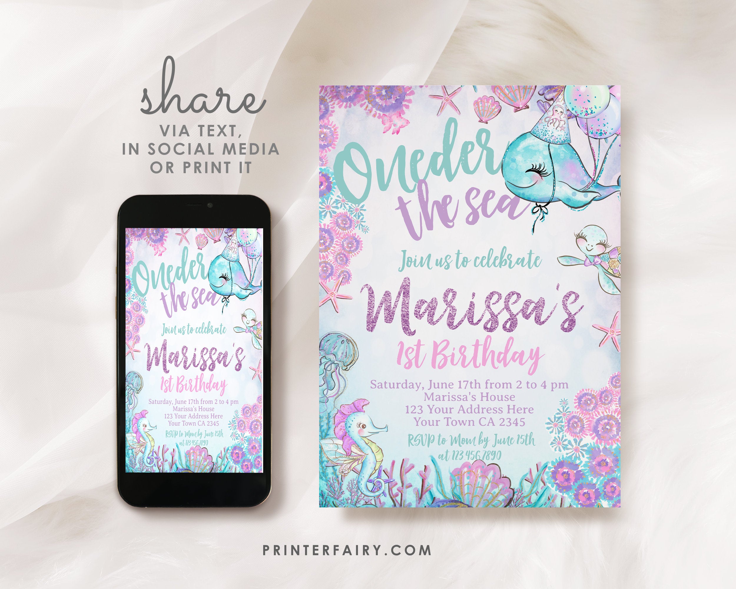 Under The Sea 1st Birthday Invitation, Whale Party (Editable, Instant Download, Printable)