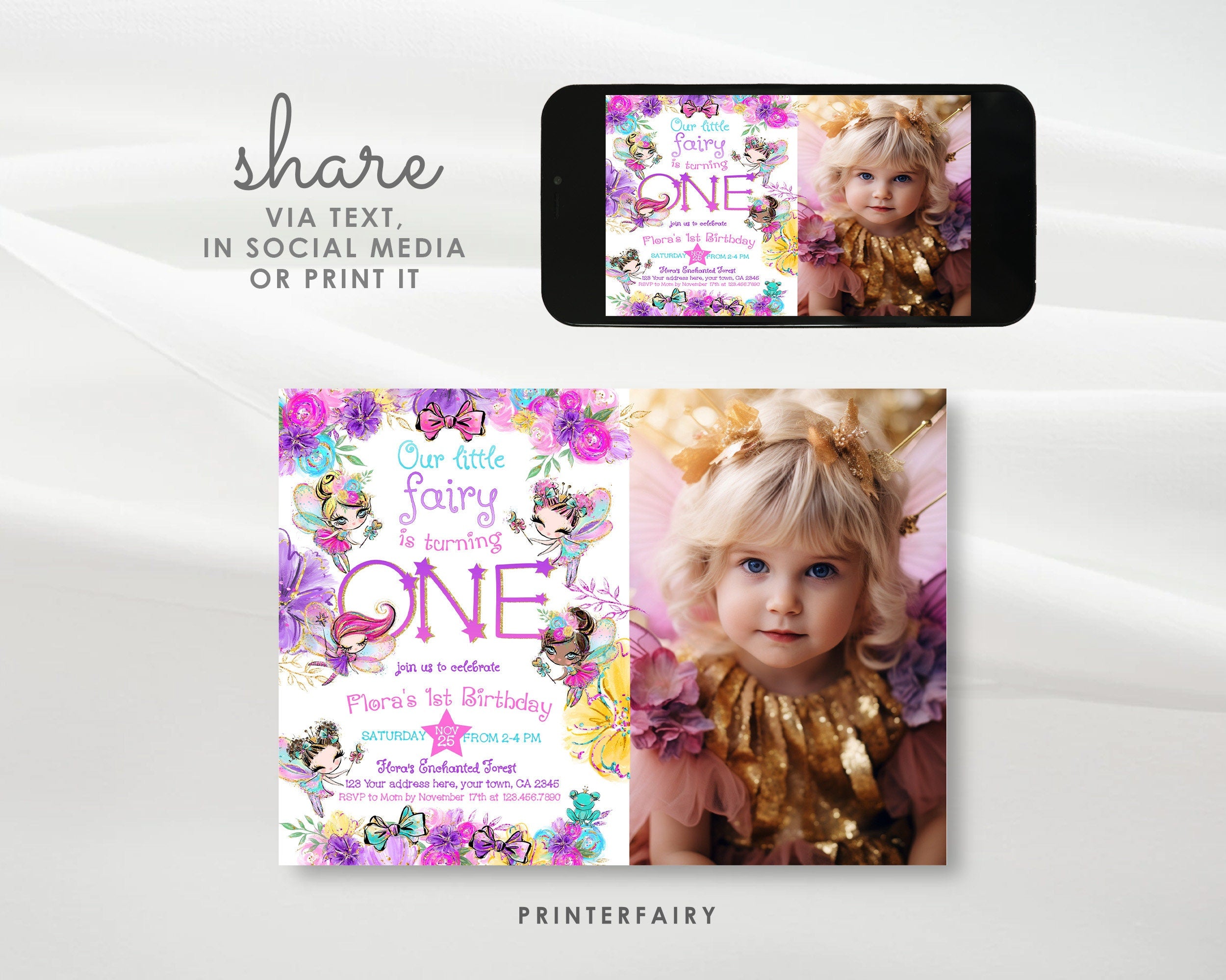 Fairy First Birthday Invitation with Photo, Editable Girl Invite (Digital Download)